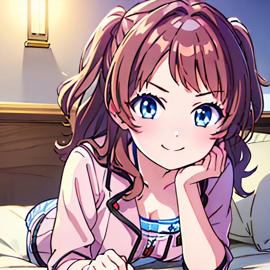 ((masterpiece)), ((best quality)), (ultra-detailed), anime style, look up from below, on the bed, a cute girl, 1girl, solo, hiyama Hikaru, underwear00, ((beautiful eyes)), small breast, smile