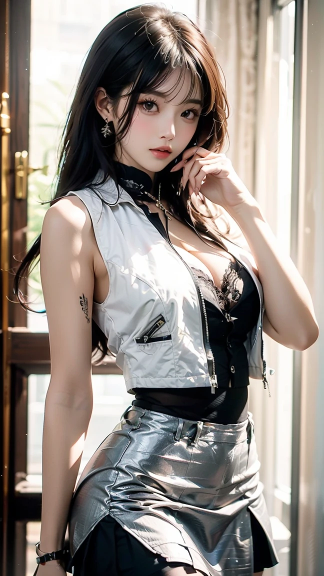 Sexy little sister, Slim Fit ,Gao Qiao, Exquisite Five Officers ,white khaki vest,black short skirt ,Big Breasts,cleavage,Black Straight Hair ,