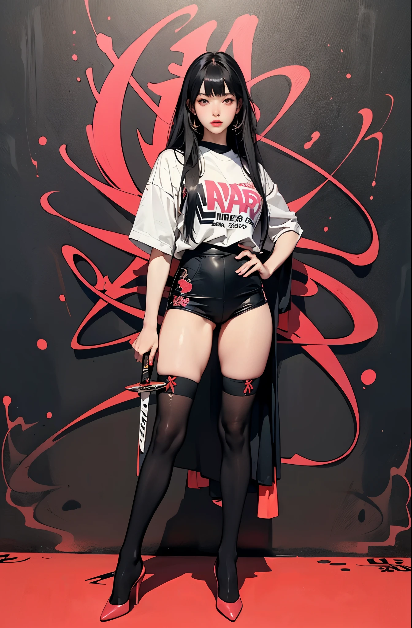 ((masterpiece, high quality, best quality, 8k, wallpaper, detailed, realistic)), 2girls, samurai swords, korean popstar, thighhighs, high heels, long legs, black hair, pretty hands, fringe, full body, (multiple girls:1.4), simple red background, palm trees, (graffiti wall:1.2), muscular, strong, courageous
