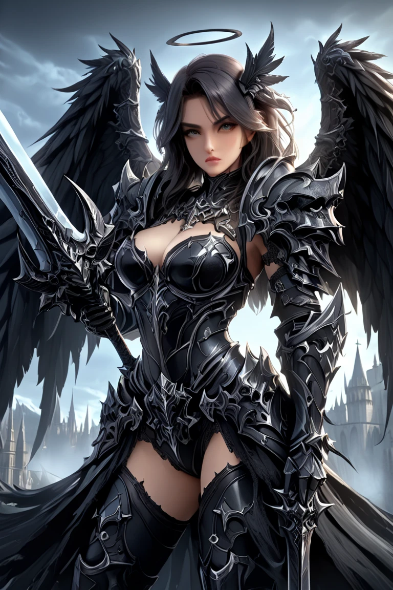 1fullbodyimage of a extremely cute Japanese young woman with albino skin and flowing hair, wide hips, well rounded legs, in a black and silver miniskirt outfit with black wings wielding a katana, Beautiful round breasts, Glossy lips, Perfect abs, (Perspectiveal), Tight waist, Inner seam, hourglass body shape, navel, Blush, Voluptuous, huge breasts, tight top, beautiful dark angel girl, warrior angel, villainess has black angel wings, angel knight gothic girl, angel in glossy metallic black and silver armor, crown in armour, stuning fantasy 3 d render, angel knight girl, cinematic volumetric lighting, ultra realistic, shot with Sony Fx6, (Glossy albino skin: 0.8), (Masterpiece: 1.4), (Best quality: 1.4), Natural(Big:1.25), Glossy lips, Perfect abs, (Perspectiveal), Tight waist, Inner seam, hourglass body shape, navel, Blush, Voluptuous, huge breasts, tight top, cinematic volumetric lighting