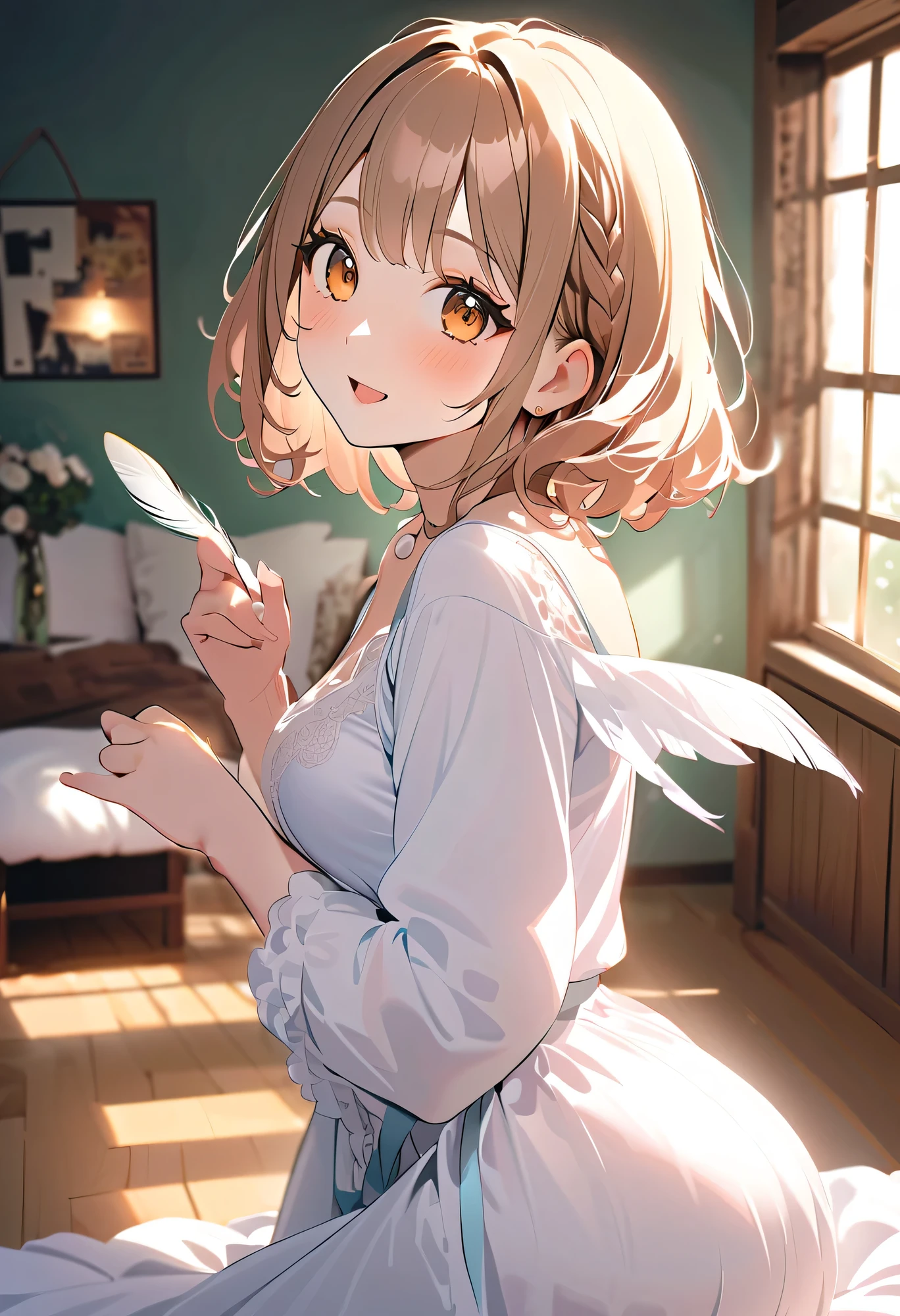 highest quality、 high resolution、( high image quality:1.2)、 Masterpiece、 detailed background on a futon、age beauty、 anatomically correct、Normal number of fingers、Bright-colored hair、Braided bob cut、 ponytail、
the quiet interior of the owl cafe 、The scent of wood wafts in the air、 the light of the small lamp swings gently 、 Manmaru no Hitomi While the owls who did it are staring at us、 the little owl suddenly dances on her shoulder 、 when I'm surprised and stop moving 、 the cute in the seat next to me Sweet Laughter 、「This 、The friendly 、 it seems like I like you 」
Chapter 1 、 the little owl stops in her arms and 、 gently stroking feathers with my fingertips 、 that gesture is somewhat ephemeral and beautiful 、 makes me fall in love 、 Fluffy Atmosphere、 cute