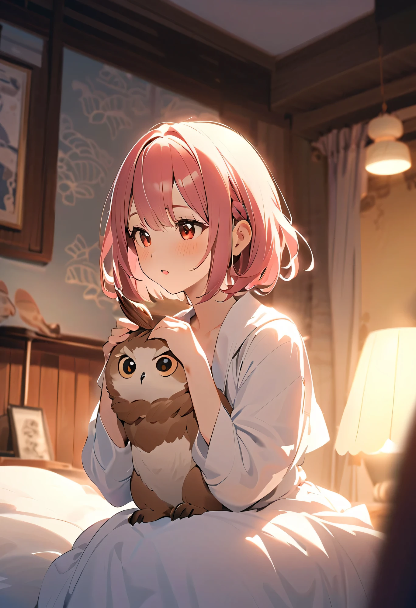 highest quality、 high resolution、( high image quality:1.2)、 Masterpiece、 detailed background on a futon、age beauty、 anatomically correct、Normal number of fingers、Bright-colored hair、Braided bob cut、 ponytail、
the quiet interior of the owl cafe 、The scent of wood wafts in the air、 the light of the small lamp swings gently 、 Manmaru no Hitomi While the owls who did it are staring at us、 the little owl suddenly dances on her shoulder 、 when I'm surprised and stop moving 、 the cute in the seat next to me Sweet Laughter 、「This 、The friendly 、 it seems like I like you 」
Chapter 1 、 the little owl stops in her arms and 、 gently stroking feathers with my fingertips 、 that gesture is somewhat ephemeral and beautiful 、 makes me fall in love 、 Fluffy Atmosphere、 cute