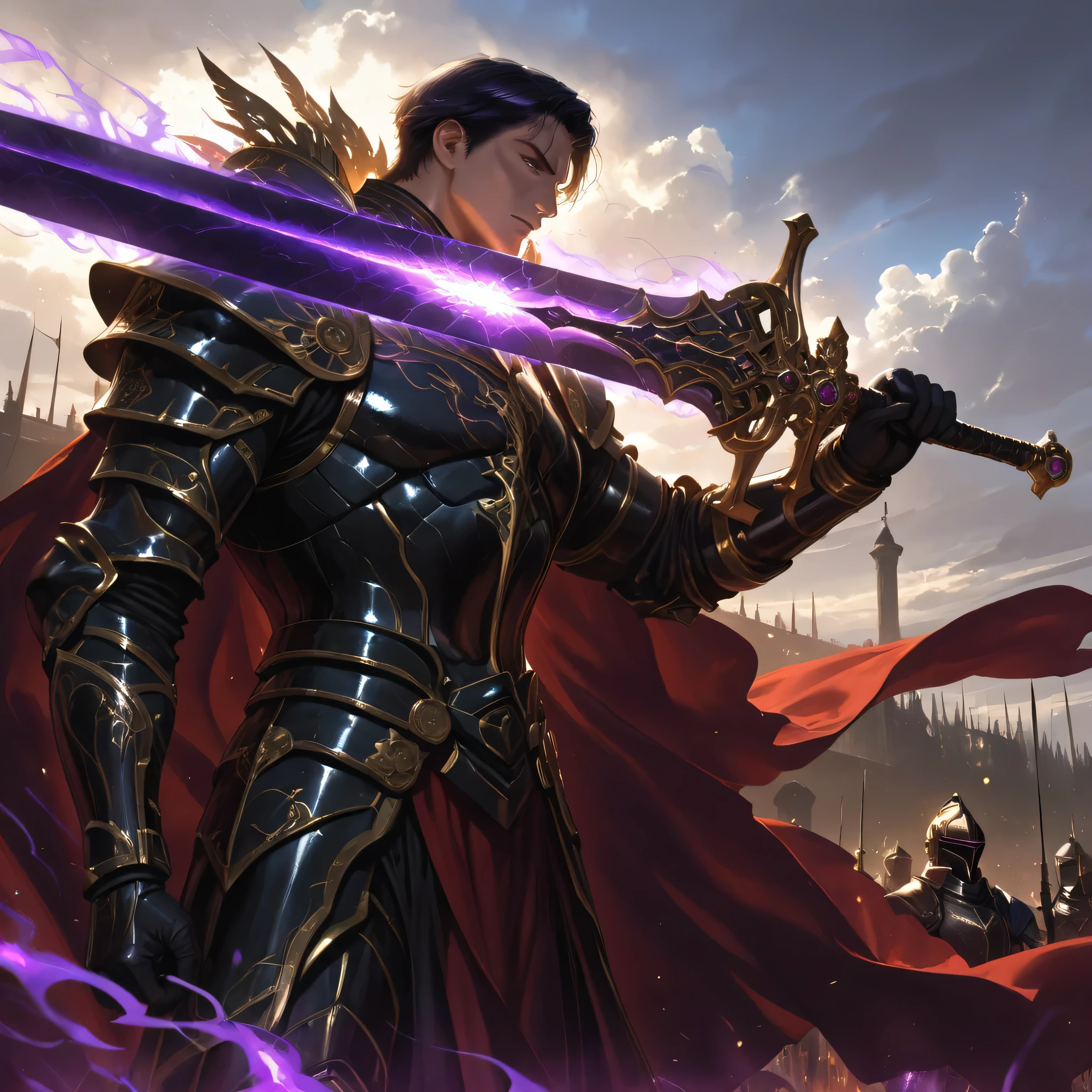 ((handsome male)), ((long black silky hair)), (A towering dark knight clad in jagged, intricately designed black armor with golden accents, holding a massive, glowing purple sword that emits a faint aura of energy, standing against a desolate battlefield with swirling ash and faint light breaking through the clouds), (hyper-realistic metal textures, glowing sword effects, dramatic lighting and shadows), epic and powerful atmosphere.