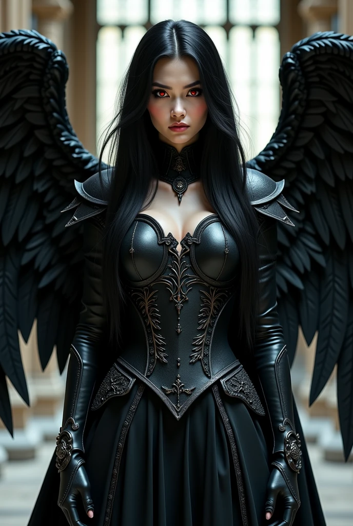 a close up of a woman with wings on a dark background, concept art by Yang J, cgsociety contest winner, fantasy art, raven winged female vampire, gothic fantasy art, villainess has black angel wings, dark fantasy art, angel knight gothic girl, beautiful succubus, dark fantasy style art, succubus | medieval, fantasy dark art, dark angel