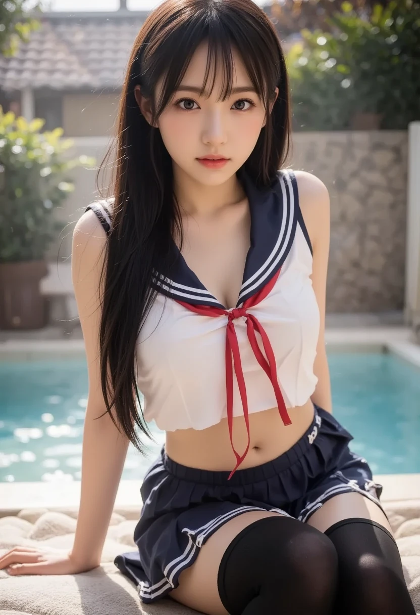 (top-quality)、 (masterpiece)、(Professional lighting with fewer shadows)、 (Bewitching)、 (A hyper-realistic)、(Stylish), (perfect anatomia)、(Girl proudly standing in front of camera shows off her breasts、Another girl on the other side、Bend over and stick your butt out towards the camera:1.3), ( Huge breasts:1.3), (Bright and even whitening skin without wrinkles and steps), (Beautiful blue eyes with long eyelashes and red tear bags)、 (Braided half-up hair fluttering in the wind), (Her costume is naked, however, Only sailor collars are worn as small pieces of cloth.:1.9), (Proudly show off your breasts from the front:1.6), (Another girl on the other side、To beautifully emphasize the proud super big ass、Showing off a pose with the buttocks exposed from directly behind:1.2), (Bewitchingly touching each other's breasts and crotches), (detailed beautiful faces), (Shot in a garden full of flowers),
