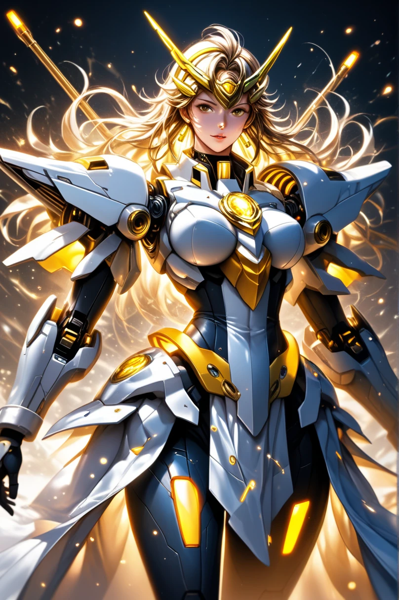 score_9_up, score_8_up, score_7_up, source_anime,masterpiece, best quality, high resolution, extremely detailed CG, absurdres, highres, 1girl, solo, a mecha girl in golden armor with glowing mecha_wings fights at battlefield, ((body surrounded by yellow Battle Aura and lighting)), wings of light, long hair, white_hair, glaring, cleavage, thighs, off-shoulder, (((Shining Armor, glittering Armor))),((mecha wings)), headgear, flying, blue sky, full body, from below, Futuristic, ((aura,Battle Aura, lighting),good_hands