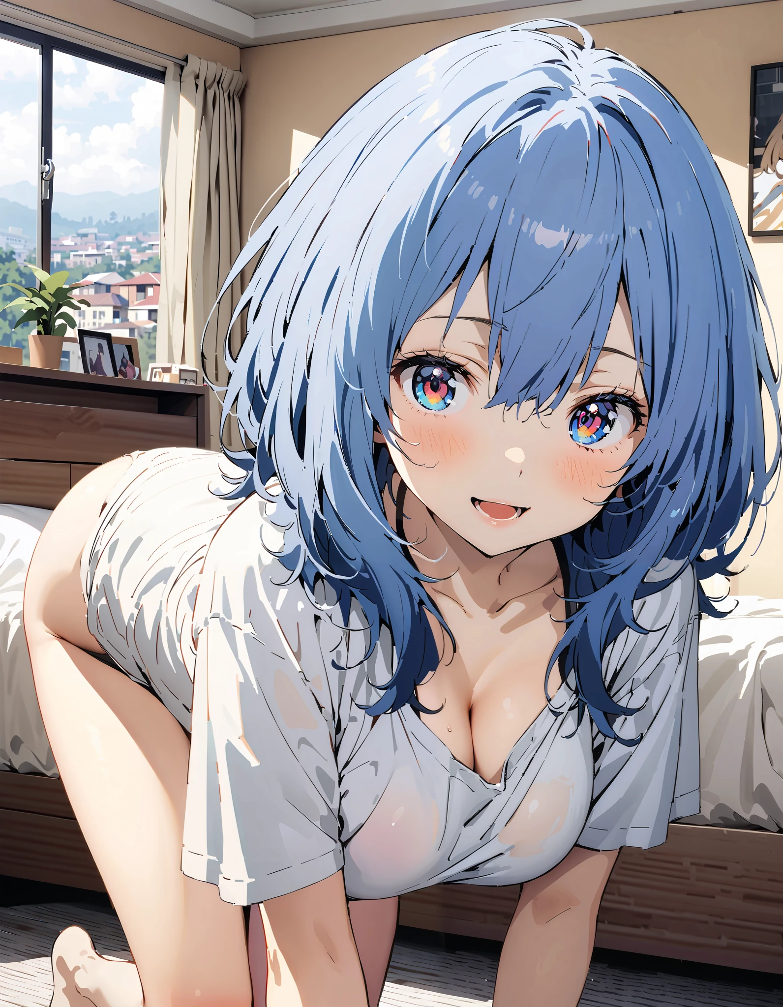 Anayanami , medium hair , blue eyes, stupid hair, blue hair, Big Breasts, cleavage, down blouse, loose t-shirt ,Black string underwear ,Bare legs, standing on all fours on the bed,smile,blush, open your mouth, decor,morning,whole bodyがイラストに入るように, break indoors,bedroom,
break looking at viewer,whole body,
break ( Masterpiece:1.2), highest quality , kampala, Unity 8k Wallpaper,(shape:0.8),( fine, beautiful eyes :1.6),It's a person ,whole body写真,CG Details , ( perfect hand, Complete Anatomy),