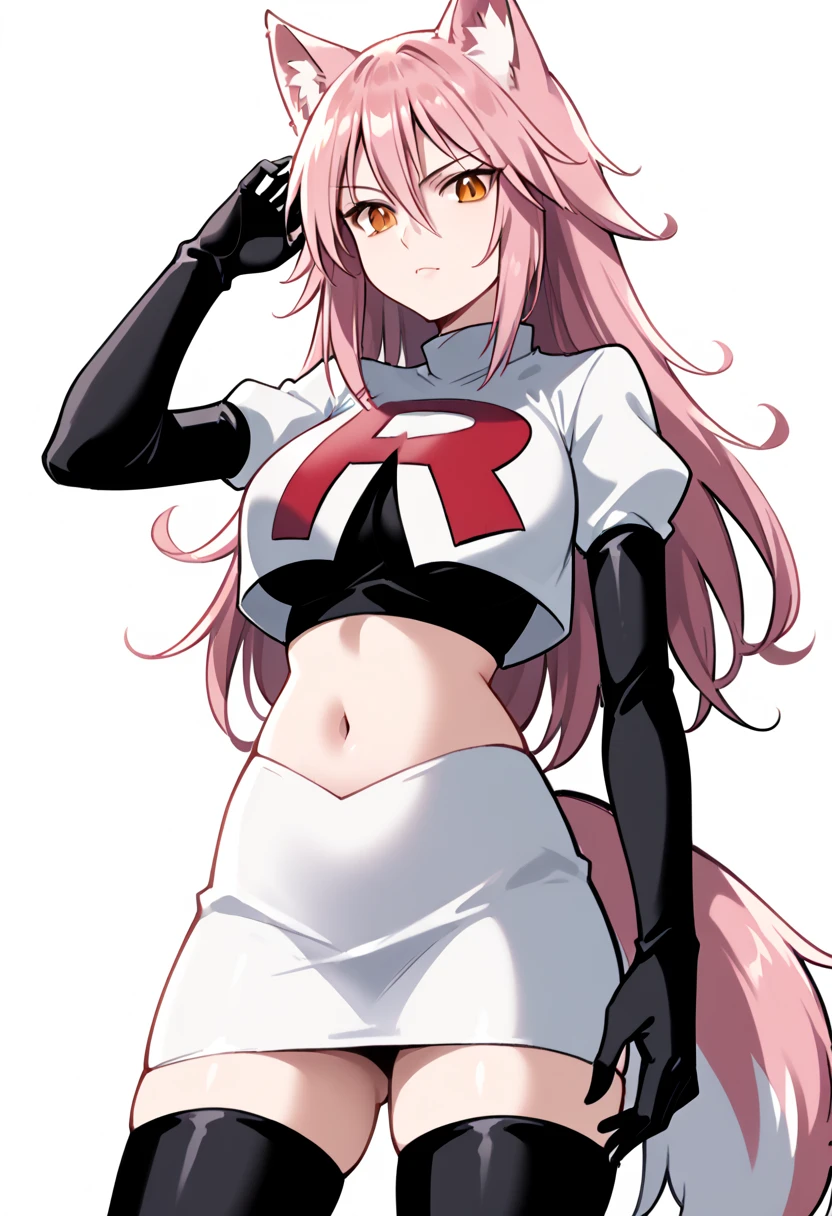 ((masterpiece, best quality)),8k ,Yae miko,1girl, \n/, animal ears, breasts, earrings, flower, fox ears, gem, hair between eyes, hair ornament, jewelry, long hair, medium breasts, miko, pink eyes, pink flower, pink hair, purple gemstone, sidelocks,team rocket,team rocket uniform,white skirt,red letter R,crop top,black thigh-highs,black elbow gloves
