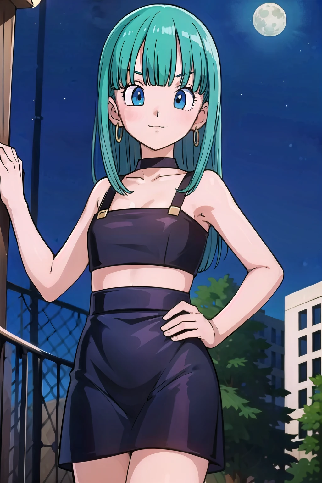 Masterpiece,
, light blue hair, blue eyes, hoop earrings ,
(( black ballroom dress)),
city, moonlight, night sky, street,