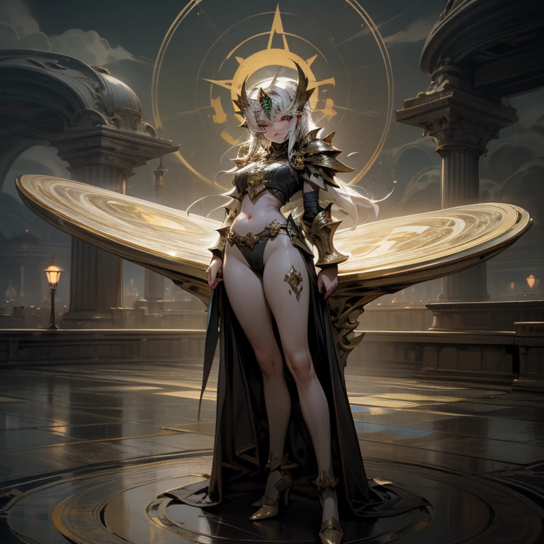 (Very detailed 8K wallpapers), medium plan ,goddess, pale skin, large bright yellow eyes, very long white hair, half naked, transparent clothes, large breast, nice ass,sharp features, pronounced cheekbones, perfect figure, shiny skin, star robe decorated with a pattern of runes and planets, finger rings, criminal necklace around the neck, black stockings, choker, open space, planets and stars in the background, attention to detail, high detail, many details, intricated, higly detailed, dramatic