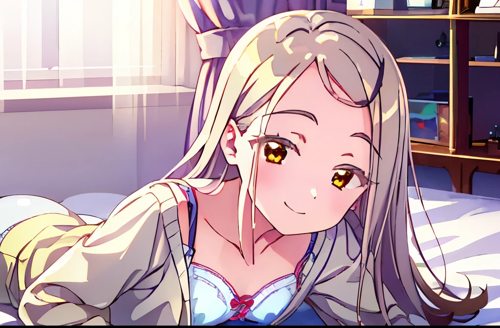 ((masterpiece)), ((best quality)), (ultra-detailed), on the bed, a cute girl, 1girl, solo, underwear00, smile,