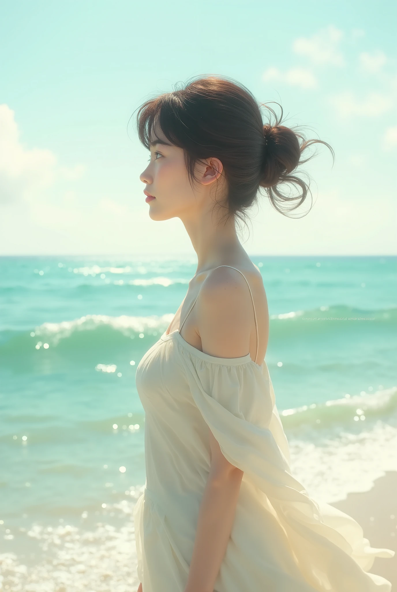 Top quality, realistic, perfect human body structure, very detailed, very delicate and beautiful, RAW photography, beach, professional lighting, luminescence, depth of field, single focal, full body, Skinny Japanese lady, 30 year old lady, brown hair, small head, beautiful eyes, real face, realistic skin, detailed eyes, (fashionable hairstyle: 1.3), sexy pose, absurderes, Incredibly Ridiculous res, Extremely fine, Blouse