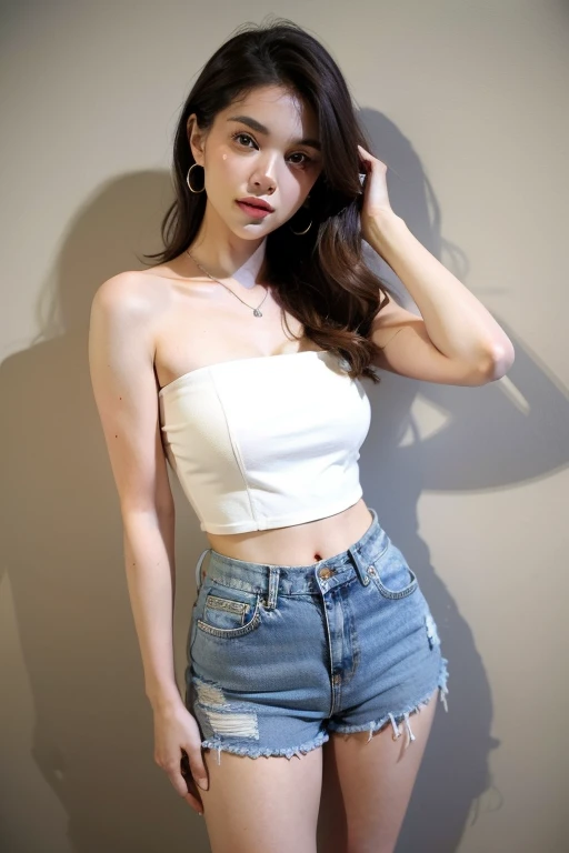 Garota loira de 19 anos, nua, nsfw, muito bonita, athletic, cabelos loiros, olhos azuis, red-lips, franja, usando short denim skirt, saia muito curta, pernas grossas, pernas bonitas, cintura estreita, botas de coxa de couro preto, saia denim curta, denim mini-skirt, mini-saia, saia curta azul, cinto de couro preto, seios pequenos, mamilos rosados, porcelain skin, The girl is wearing a black leather choker, The girl is standing on a dungeon, uma masmorra com paredes de pedra, ambiente interno, masmorra iluminada por archotes, tochas nas paredes