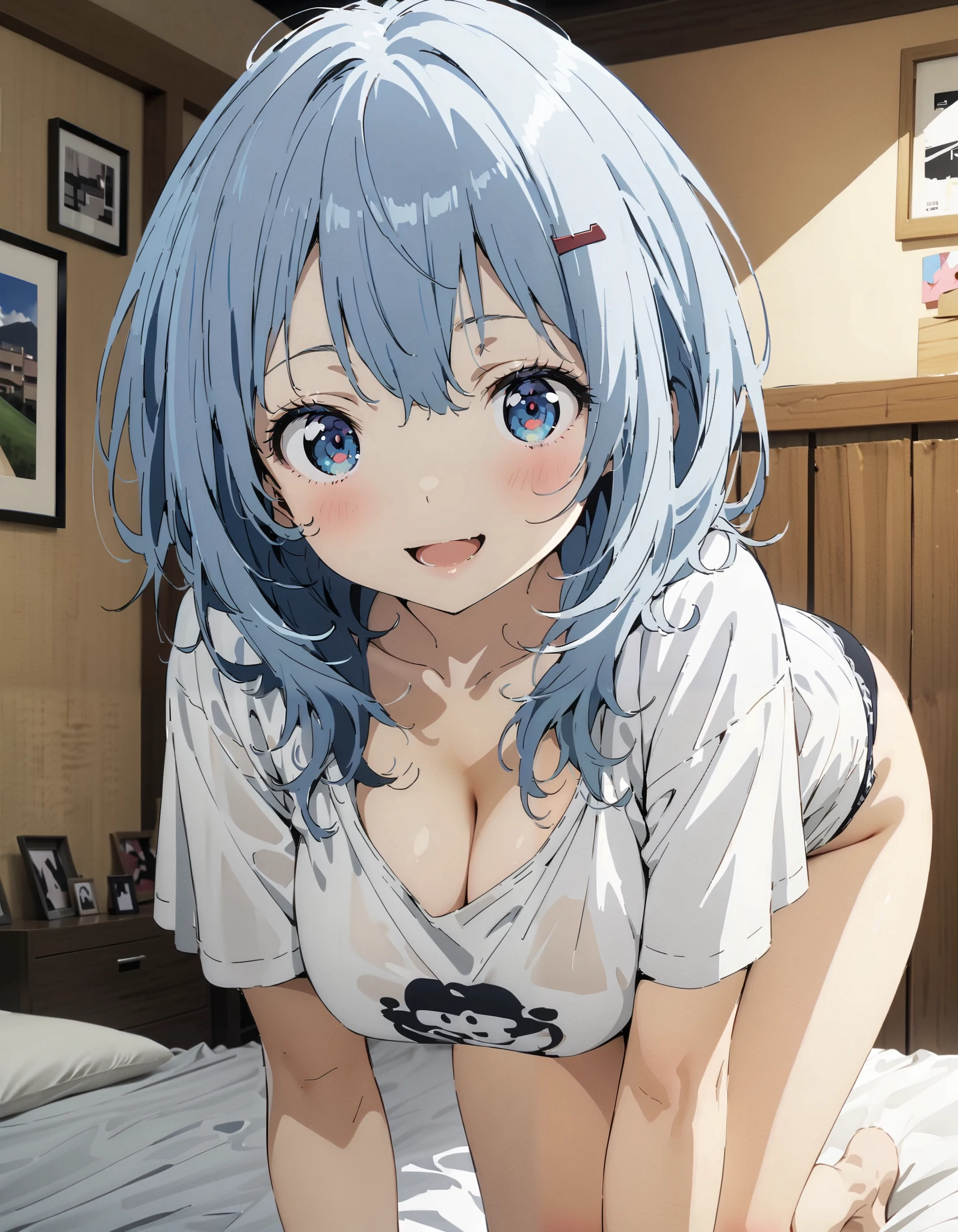 Anayanami , medium hair , blue eyes, stupid hair, blue hair, Big Breasts, cleavage, down blouse, loose t-shirt ,Black string underwear ,Bare legs, standing on all fours on the bed,smile,blush, open your mouth, decor,morning,whole bodyがイラストに入るように, break indoors,bedroom,
break looking at viewer,whole body,
break ( Masterpiece:1.2), highest quality , kampala, Unity 8k Wallpaper,(shape:0.8),( fine, beautiful eyes :1.6),It's a person ,whole body写真,CG Details , ( perfect hand, Complete Anatomy),