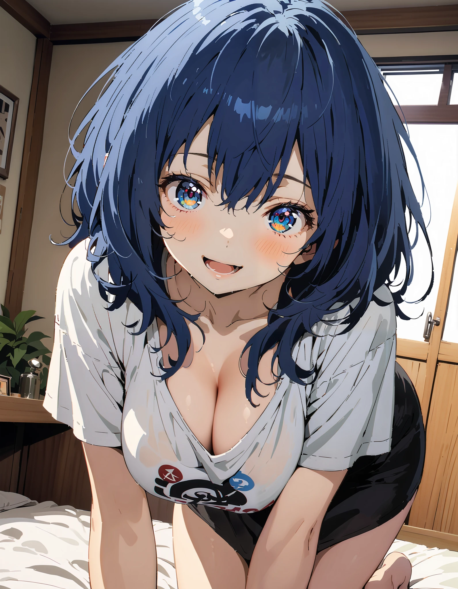 Anayanami , medium hair , blue eyes, stupid hair, blue hair, Big Breasts, cleavage, down blouse, loose t-shirt ,Black string underwear ,Bare legs, standing on all fours on the bed,smile,blush, open your mouth, decor,morning,whole bodyがイラストに入るように, break indoors,bedroom,
break looking at viewer,whole body,
break ( Masterpiece:1.2), highest quality , kampala, Unity 8k Wallpaper,(shape:0.8),( fine, beautiful eyes :1.6),It's a person ,whole body写真,CG Details , ( perfect hand, Complete Anatomy),
