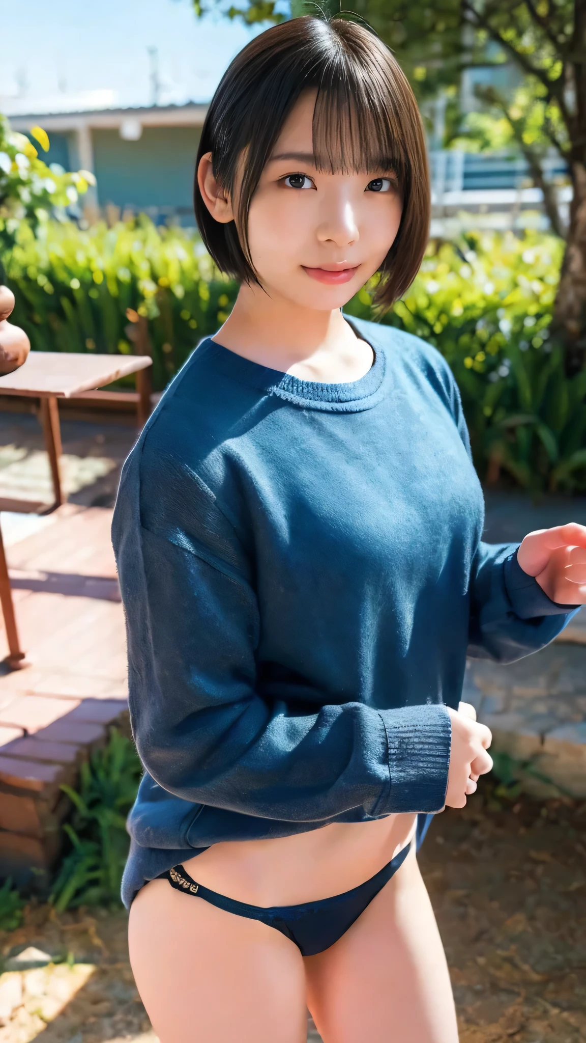 Arab Asian woman taking a photo wearing sweater and panties, Realistic paintings by Len Mei, Hot Topics at the CG Society, photorealism of an old folk house, short hair, realistic anime style girl rendering , lies in, beautiful asian girl , soft portrait SHOT 8k , 8K Portrait Rendering , gorgeous Chinese model with trees visible in the background , movie. Ren Jun, Japanese model