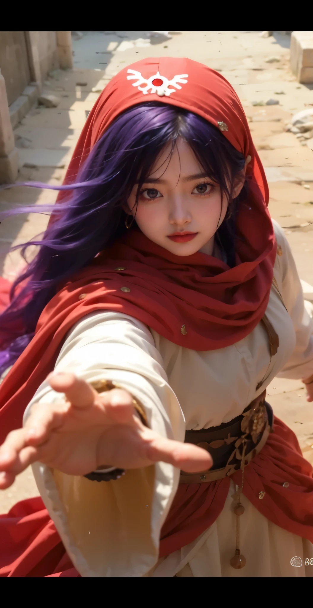 cute face . naked clear coat.dq pom , Long Curry . purple hair, earrings.、 top quality , bangs , Little head on the street :1.3 Ultra Realistic :1.2 , Masterpiece, top quality , More details, Realistic Lighting .A Broader Perspective. Stone construction、 fantasy . Outdoors