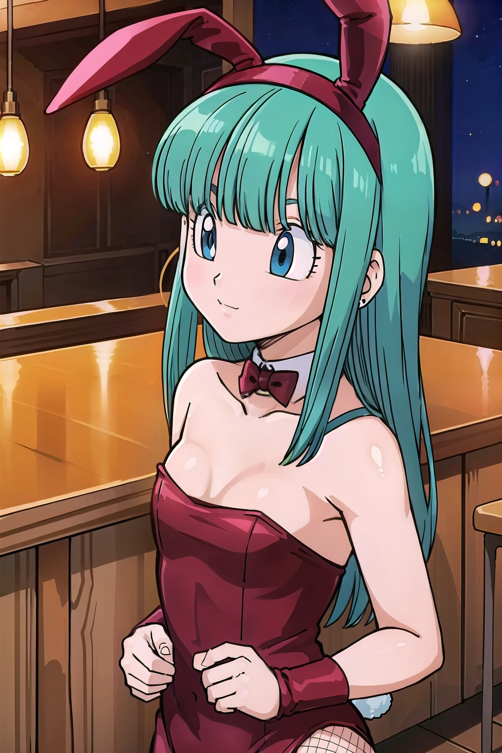 Masterpiece,
, light blue hair, blue eyes, hoop earrings ,
(metallic black playboy bunny), (metallic black fake rabbit ears), (Fishnet tights), night, bar