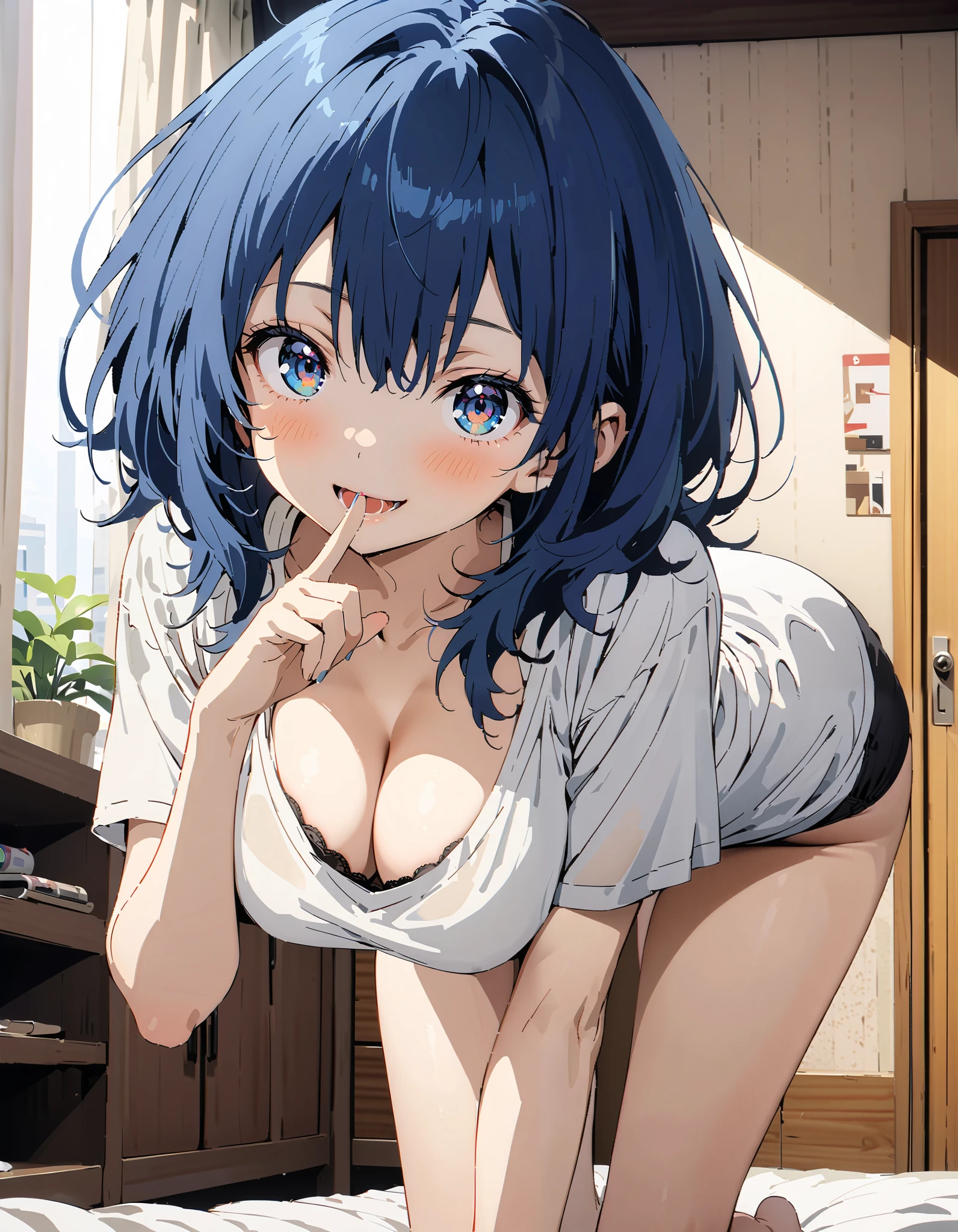 Anayanami , medium hair ,  blue eyes, stupid hair, blue hair, Big Breasts, cleavage, down blouse,  loose t-shirt ,Black string underwear ,Bare legs, standing on all fours on the bed,smile,blush, open your mouth, decor,morning,whole bodyがイラストに入るように,       break indoors,bedroom,
break looking at viewer,whole body,
break ( Masterpiece:1.2), highest quality , kampala, Unity 8k Wallpaper,(shape:0.8),(  fine, beautiful eyes  :1.6),It's a person ,whole body写真,CG Details , ( perfect hand, Complete Anatomy),