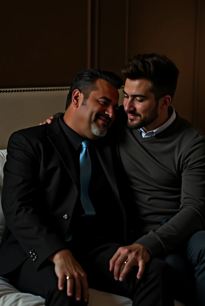 A sexy indian man having oral sex with his boss, sitting blowjob, handsome face, detailed features,gay, nsfw, homoerotic , wearing casual shirt 