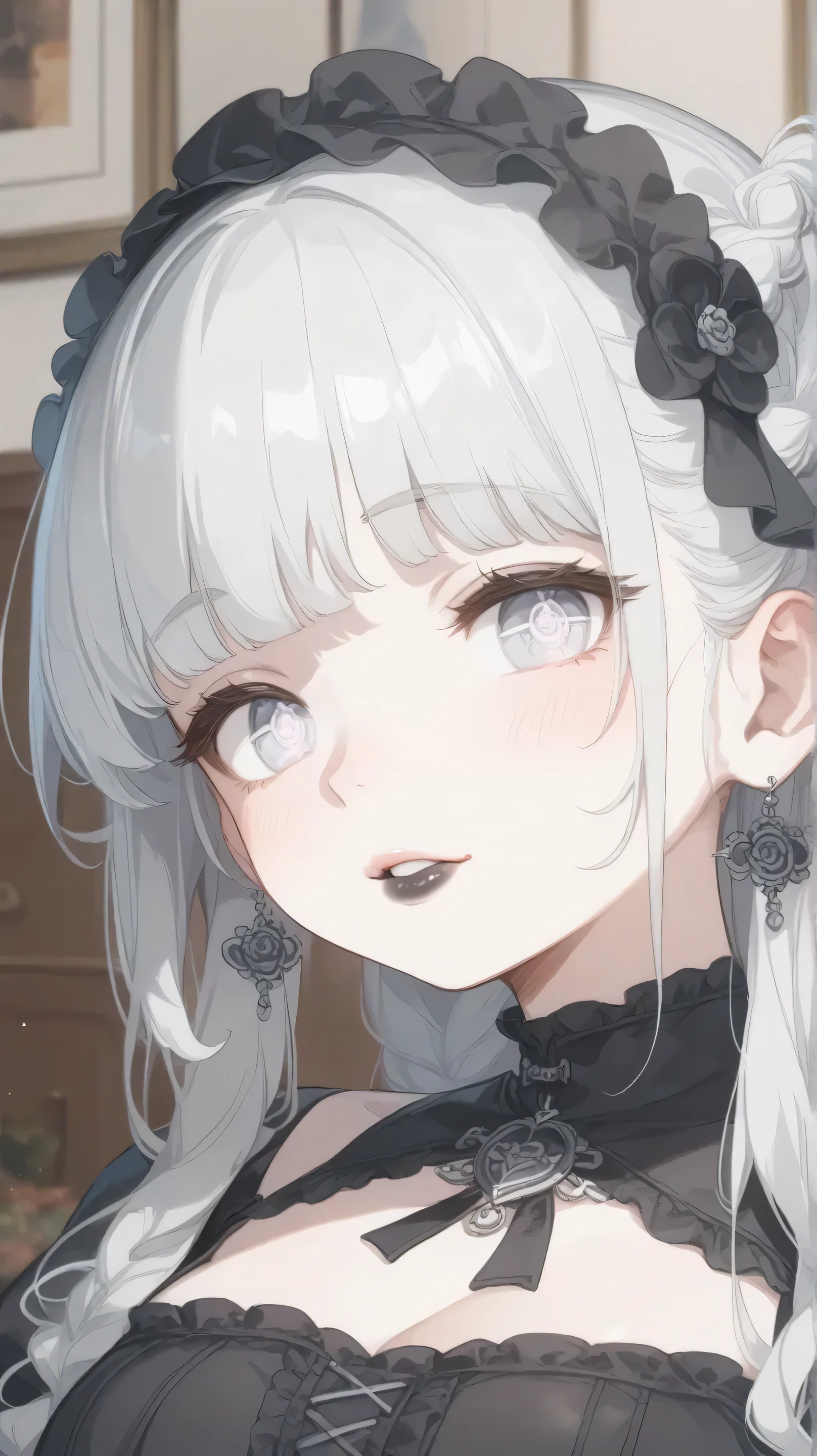Best Quality、masterpiece、RAW Photos、Film Grain、８ｋ、Ultra-high resolution、Very cute girl、Albino Girl、Pale face_eye_lips、Black Lips、Highly detailed eyes and face、Gray Hair:1.37、French Braid:1.48、Pale skin、Light-pigmented eyes、Gothic Fashion、Black Costume