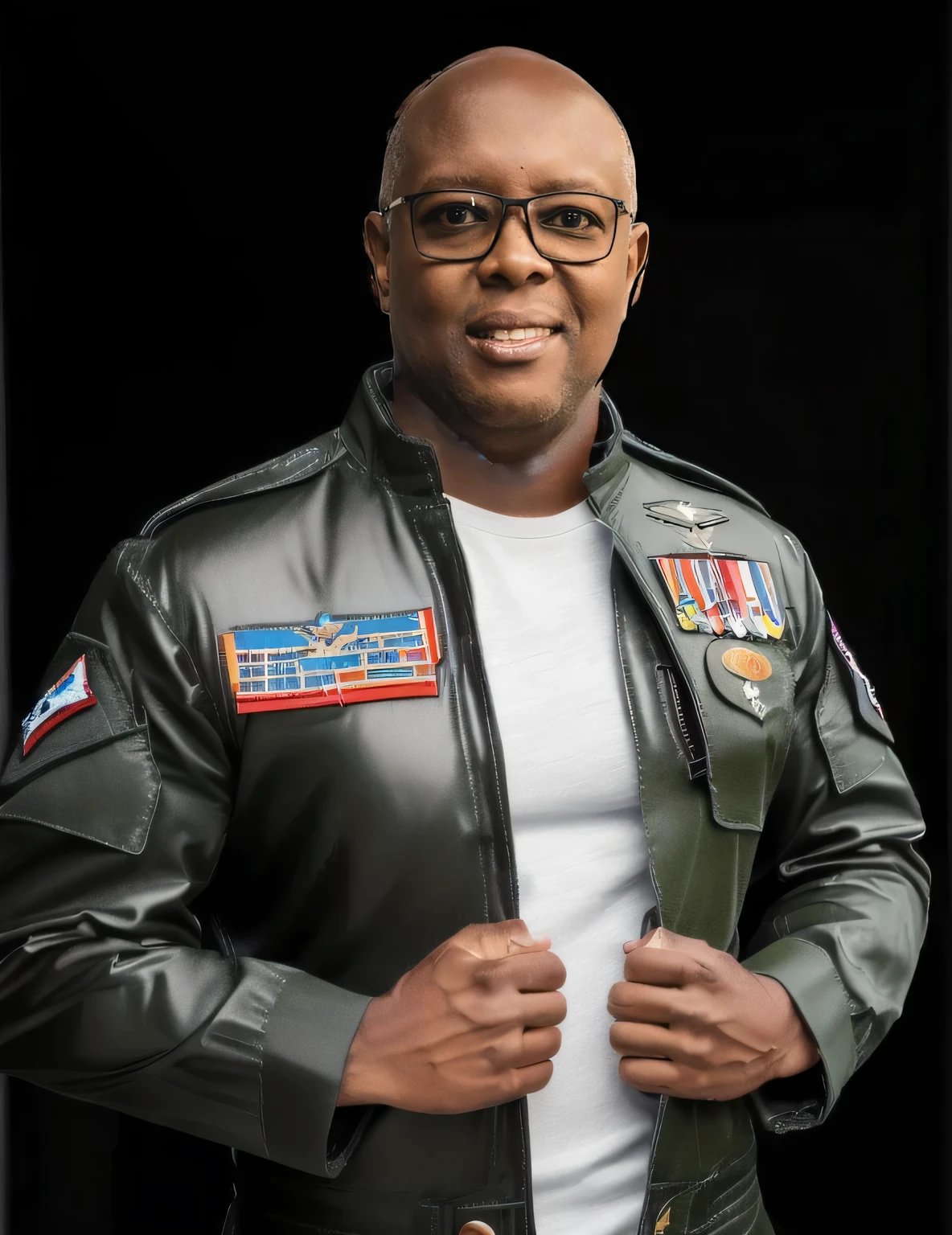 A man is wearing an olive-green flight suit, similar to the one worn by the character Maverick in the movie Top Gun: Maverick. The suit is form-fitting, made from durable and flexible material designed for quick and agile movements during flight. The central zipper runs from the neck to the waist for easy wear and removal. The suit features multiple functional pockets on the chest, arms, and thighs with Velcro or zippers, designed to carry essential equipment. On the chest, there's a patch with a military insignia, and on the shoulders, the squadron and military service insignia stand out. The name "CAMILLO" is embroidered in capital letters on the left side of the chest, replacing the traditional "MAVERICK." The arms also bear patches representing past missions or victories, and there’s a reinforced fabric strip on the sleeves to increase durability. The pants are similarly fitted, with more discreet pockets, and the waist is reinforced to accommodate the belt that holds essential flight tools. On his feet, the pilot wears black leather boots with slip-resistant soles and impact-resistant reinforcements.