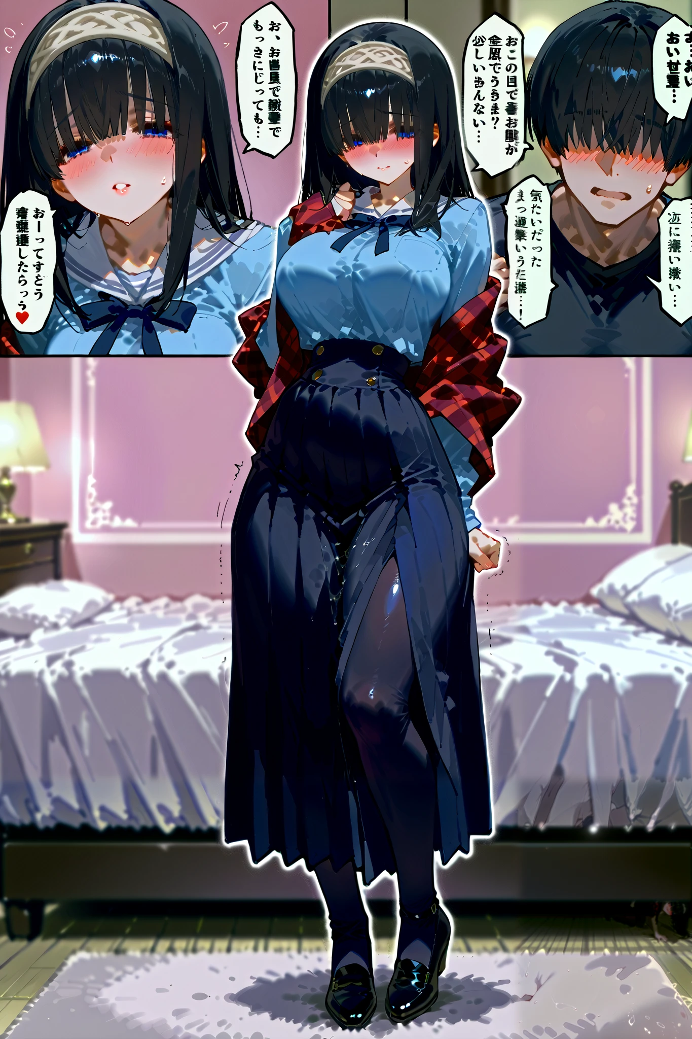 (check_9,check_8_up,check_7_up,),1 girl, Suzune Horikita /(elite class)/, Red eyes, black hair, open long hair, bang, braid a thin body,One,Maid,Maid headdress,I look at the viewer,apron,brown hair masterpiece, Best quality, absurdity,behind, the skin is thick, big breasts, cropped jacket, orange eyes, A long tail, очень big breasts, hips, gluteal fold, legs without shoes in black tights to the waist, waist, bra, white underwear, Full body view from head to toe, lying position on the bed, dakimakura, photograph from above