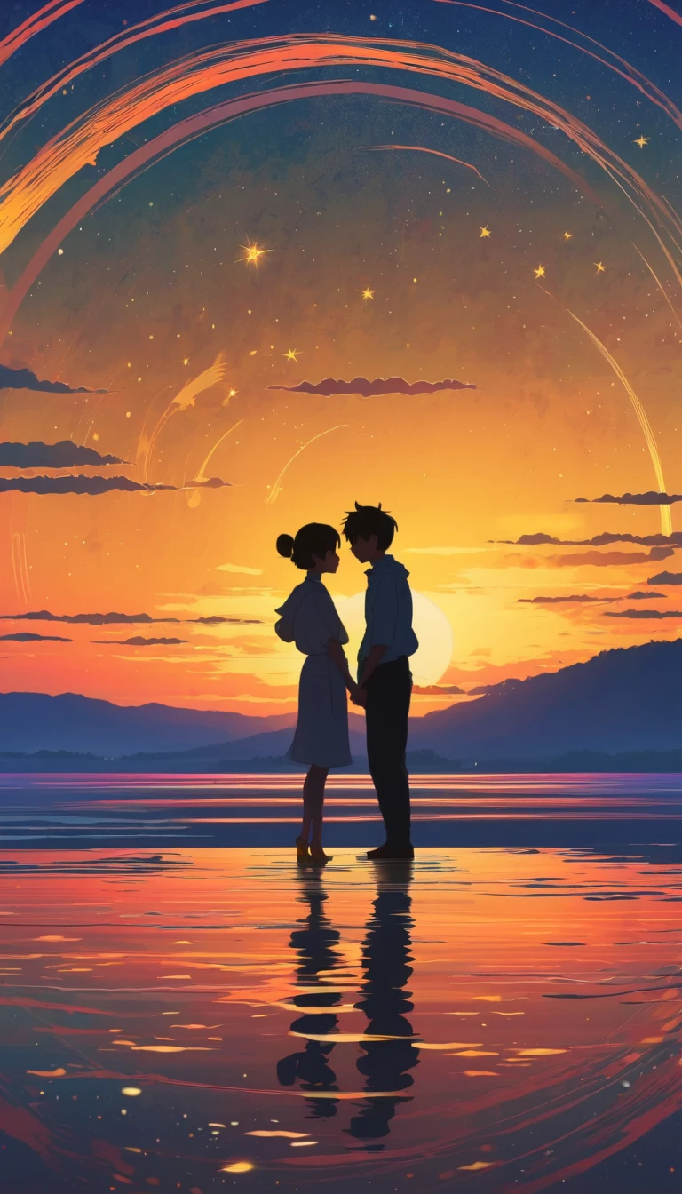 Draw a simple art in Tintinpixai style, una pareja de enamorados long exposure starry sky with many circular orbits, focus at stars,silhouette Anime beautiful peace scene, sun sunset nostalgic animated animated art background, Makoto Shinkai!!, anime movie background best of seaart hd 8k