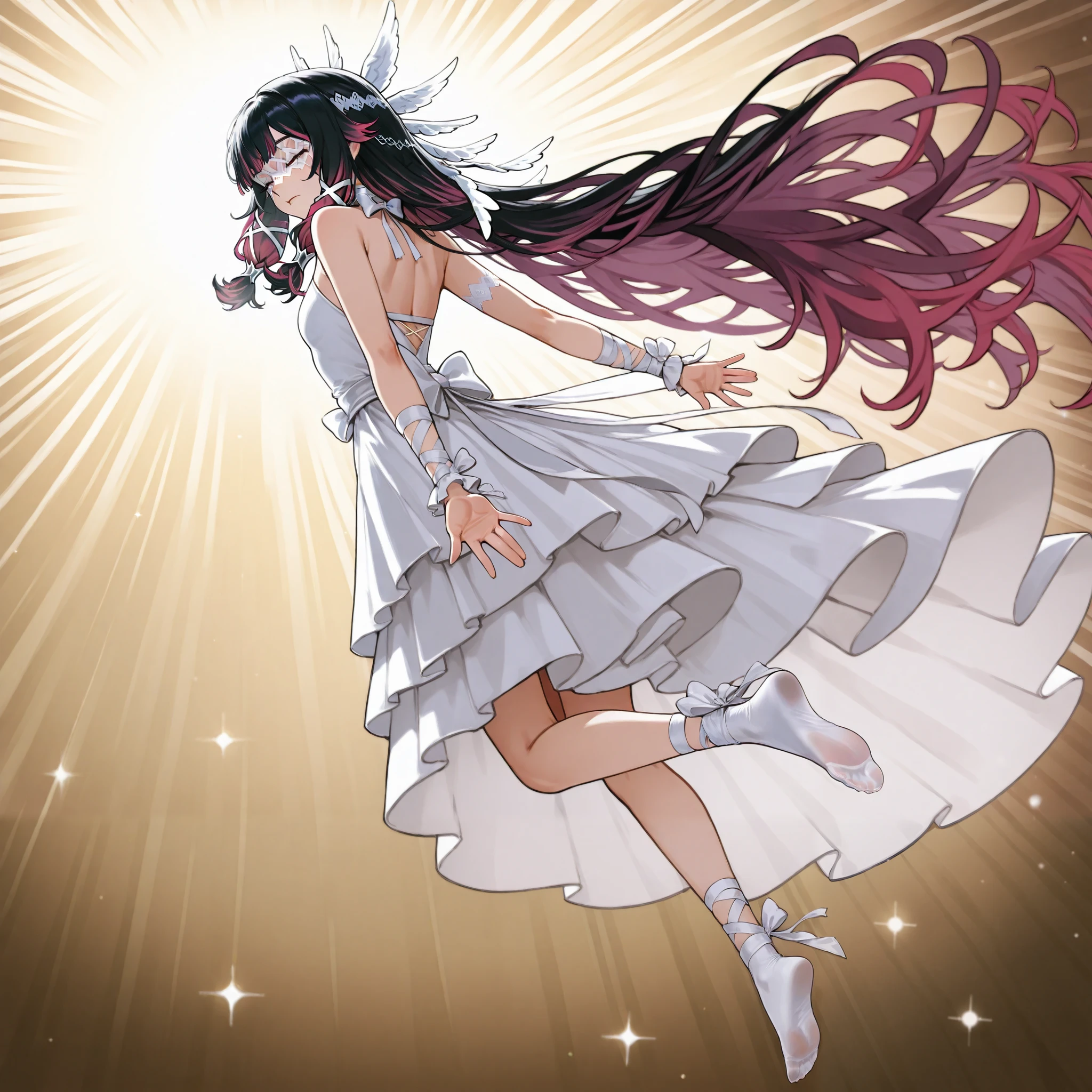 Columbina, de genshin impact, lying face down, with fitted white dress, Show your back, pies, rear, cuerpo completo ( 5 fingers, on every foot and hand)