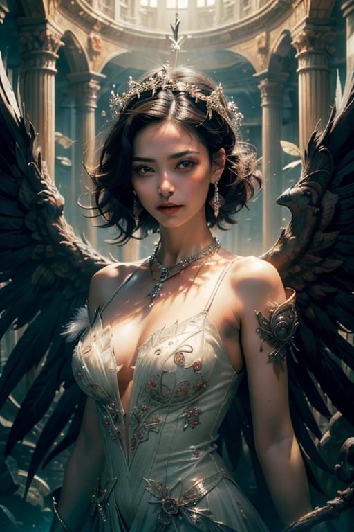 (Numerosas obras-primas premiadas, with incredible details, Maximum textures and details), (Hiper-realista:1.4), (realista:1.3), (Imagem corporal inteira:1.7), (Puntile superior do corpo para cima:0.3), (melhor qualidade de pele textura real), (finely detailed true circle eyes), (Finamente detalhado e bonito rosto:1.4), (Aesthetic and decadent image:1.5), ((Mundo Medieval)), (Segadeira:1.4), (olhar gelado nos olhos), (She has a nasty smile on her face, But your eyes don't smile.:1.3), (He has a soul harvesting scythe in his hand:1.5), (Um saco contendo almas colhidas com um leve brilho:1.5), (Olhos que brilham vermelhos no escuro), (dramatic light), altar, (A majestic spectacle), (Magic Circle of Disturbing Glow:1.3), Your face is soft and beautiful, mas de alguma forma aterrorizante, (Large wings with tattered black feathers behind shoulders:1.3), (Imagem corporal inteira:1.7), (Wears a dark black dress with a hood and intricate patterns:1.2), Asas dobradas, Brincos com estampa de caveira, (Rastreamento do Ceifador de Esqueleto: 1.3), (((dramatic photo))), (twilight), (sunset), (twilight), ((dramatic pose)), (foto extravagante), (cabelos dourados), (Cabelos prateados), (cabelo castanho), ((procura para cima)), ((olhe para baixo)), (Imagem corporal inteira:1.7), (Around her neck is a simple necklace with exquisite workmanship......), Sepultura esquecida, Grande Tumba, Underground Labyrinth, Ruins of the Temple of Evil, Temple of Sacrifice, misteriosamente, Ruins of the old castle, desert cemetery ruins, Tumba antiga desabou, Ancient ruins of still waters, Swampy ruins, Masses of majestic clouds and bright skies, clareamento, realistic epic, desbotado, until, (Greg Rutkowski:0.8), (cerceta & laranja:0.4), (Artee Station:1.5), cinematographic, ((cores neutras)), (HDR:1.5), (cores silenciadas:1.2), hiper detalhado, dramatic light, she wears beautiful office glasses, ruiva, (Detalhes co