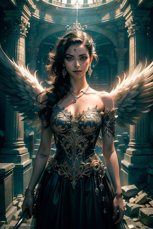 (Numerosas obras-primas premiadas, with incredible details, Maximum textures and details), (Hiper-realista:1.4), (realista:1.3), (Imagem corporal inteira:1.7), (Puntile superior do corpo para cima:0.3), (melhor qualidade de pele textura real), (finely detailed true circle eyes), (Finamente detalhado e bonito rosto:1.4), (Aesthetic and decadent image:1.5), ((Mundo Medieval)), (Segadeira:1.4), (olhar gelado nos olhos), (She has a nasty smile on her face, But your eyes don't smile.:1.3), (He has a soul harvesting scythe in his hand:1.5), (Um saco contendo almas colhidas com um leve brilho:1.5), (Olhos que brilham vermelhos no escuro), (dramatic light), altar, (A majestic spectacle), (Magic Circle of Disturbing Glow:1.3), Your face is soft and beautiful, mas de alguma forma aterrorizante, (Large wings with tattered black feathers behind shoulders:1.3), (Imagem corporal inteira:1.7), (Wears a dark black dress with a hood and intricate patterns:1.2), Asas dobradas, Brincos com estampa de caveira, (Rastreamento do Ceifador de Esqueleto: 1.3), (((dramatic photo))), (twilight), (sunset), (twilight), ((dramatic pose)), (foto extravagante), (cabelos dourados), (Cabelos prateados), (cabelo castanho), ((procura para cima)), ((olhe para baixo)), (Imagem corporal inteira:1.7), (Around her neck is a simple necklace with exquisite workmanship......), Sepultura esquecida, Grande Tumba, Underground Labyrinth, Ruins of the Temple of Evil, Temple of Sacrifice, misteriosamente, Ruins of the old castle, desert cemetery ruins, Tumba antiga desabou, Ancient ruins of still waters, Swampy ruins, Masses of majestic clouds and bright skies, clareamento, realistic epic, desbotado, until, (Greg Rutkowski:0.8), (cerceta & laranja:0.4), (Artee Station:1.5), cinematographic, ((cores neutras)), (HDR:1.5), (cores silenciadas:1.2), hiper detalhado, dramatic light, she wears beautiful office glasses, ruiva, (Detalhes co