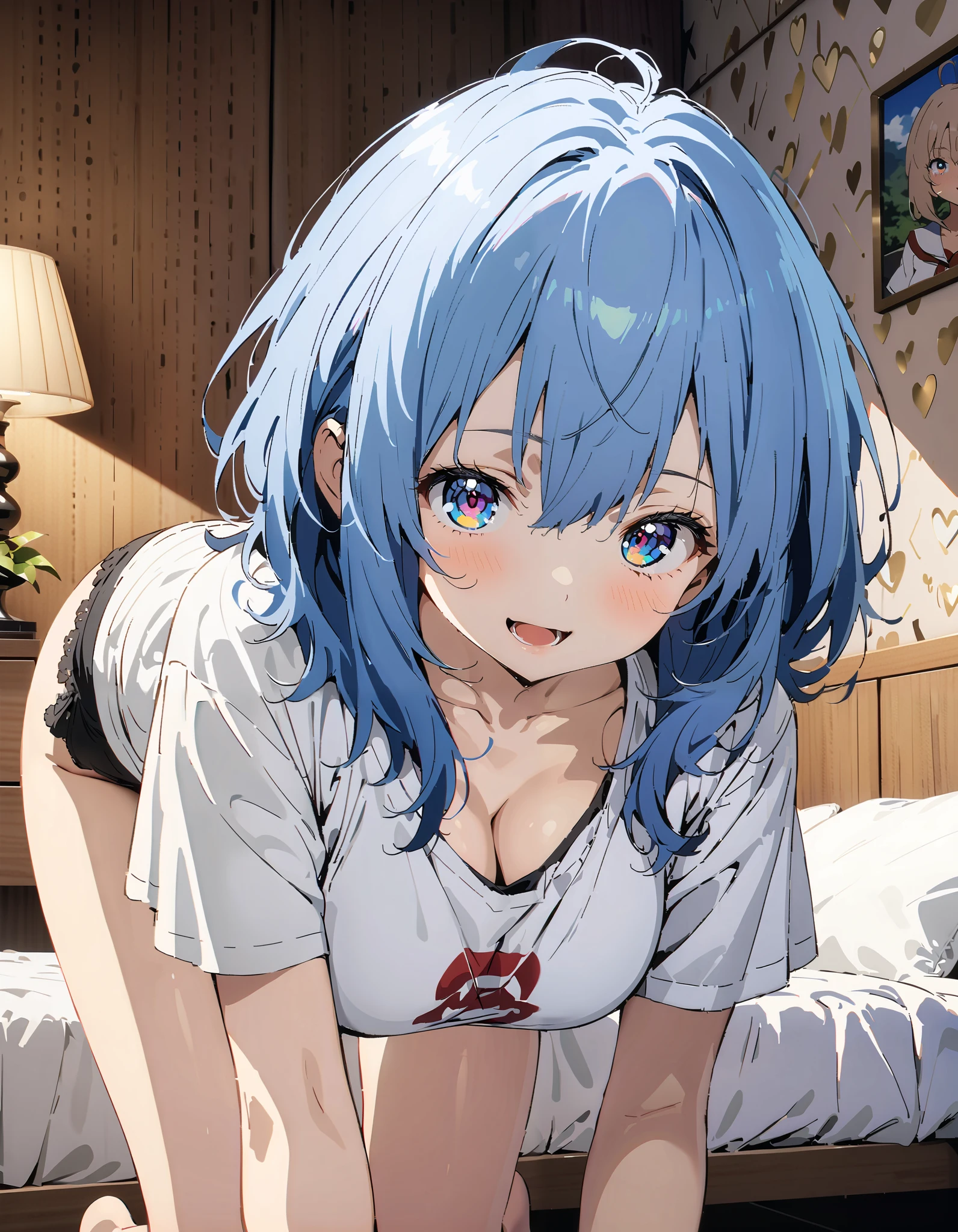 Anayanami , medium hair ,  blue eyes, stupid hair, blue hair, Big Breasts, cleavage, down blouse,  loose t-shirt ,Black string underwear ,Bare legs, standing on all fours on the bed,smile,blush, open your mouth, decor,morning,whole bodyがイラストに入るように,       break indoors,bedroom,
break looking at viewer,whole body,
break ( Masterpiece:1.2), highest quality , kampala, Unity 8k Wallpaper,(shape:0.8),(  fine, beautiful eyes  :1.6),It's a person ,whole body写真,CG Details , ( perfect hand, Complete Anatomy),