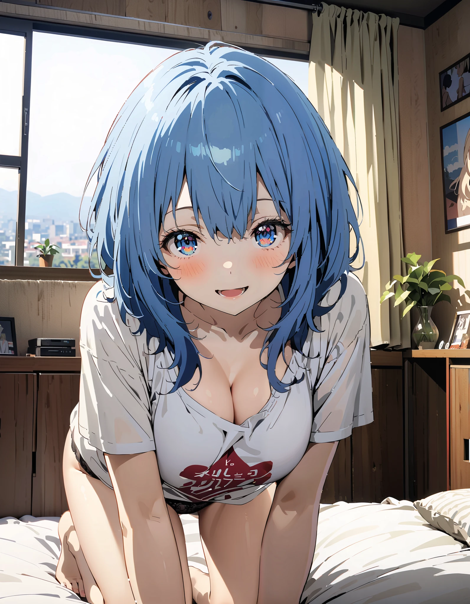 Anayanami , medium hair , blue eyes, stupid hair, blue hair, Big Breasts, cleavage, down blouse, loose t-shirt ,Black string underwear ,Bare legs, standing on all fours on the bed,smile,blush, open your mouth, decor,morning,whole bodyがイラストに入るように, break indoors,bedroom,
break looking at viewer,whole body,
break ( Masterpiece:1.2), highest quality , kampala, Unity 8k Wallpaper,(shape:0.8),( fine, beautiful eyes :1.6),It's a person ,whole body写真,CG Details , ( perfect hand, Complete Anatomy),