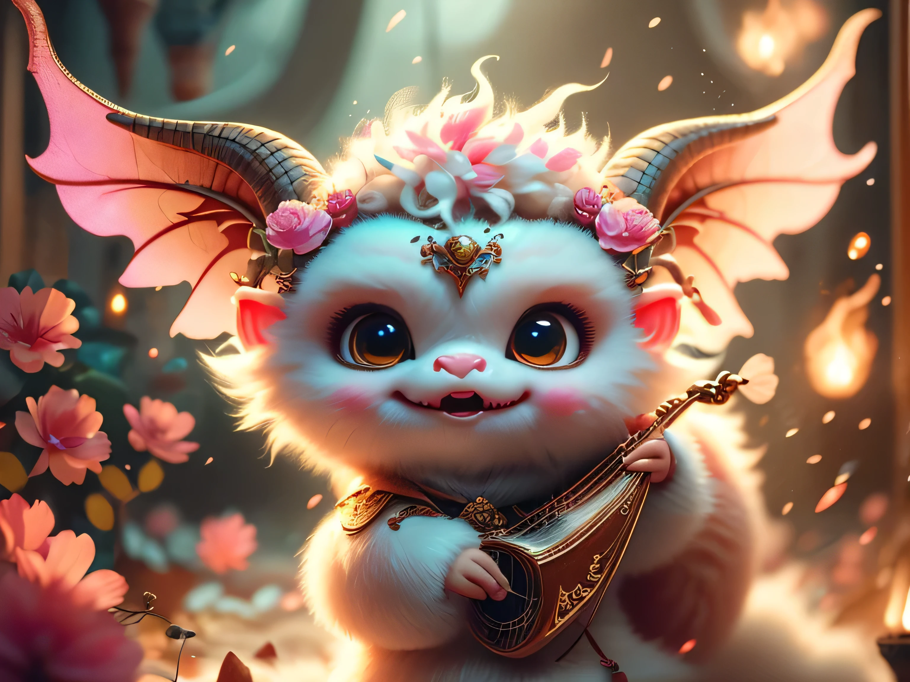 Realistic airbrush.Two Agathions with a cute, adorable appearance. The imp has a demonic appearance with red skin, horns and wings, a slightly sinister expression, and holds a fireball. The second Agathion is supposed to have sheep-like horns, a white fluffy head, and pink wings. In his hands, he holds a small harp with a heart on it. The background is magical.Octane Rendering,Grain,Noise,Concept Art,Detailed Painting,Digital Illustration,Super Detailed Fantasy Art, Digital 3D Art, Sharp Focus, Masterpiece, Fine Art