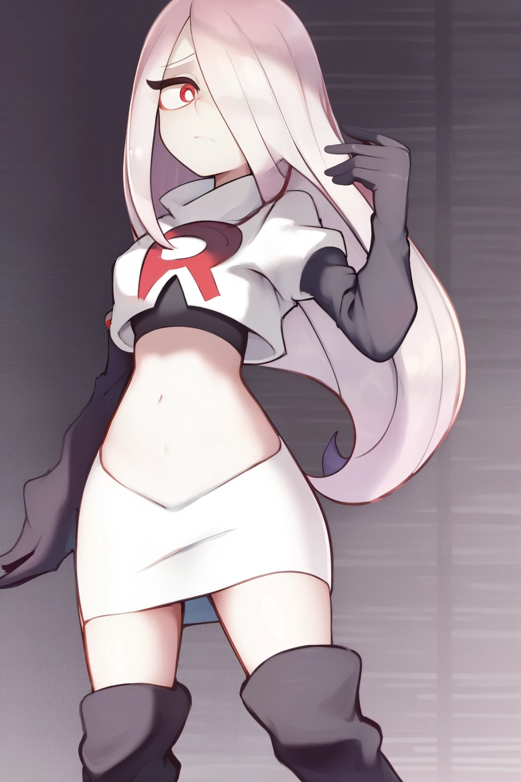 sucy, (sucy manbavaran:1.3), cowboy shot 1girl, (blank expression:1.2), (expressionless:1.2), makeup, hair over one eye, half-closed eyes, long hair, light purple hair, red eyes, pale skin, (standing cowboy shot:1.2), team rocket,team rocket uniform, red letter R, white skirt,white crop top,black thigh-high boots,black elbow gloves,