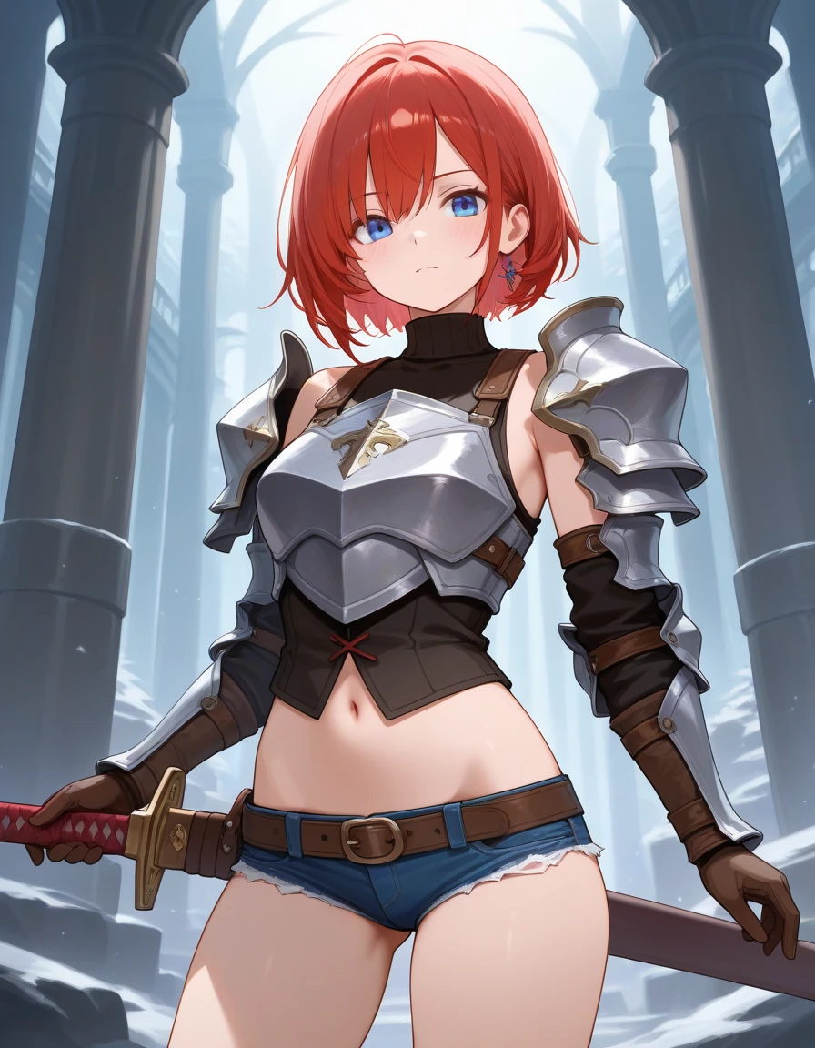 1girl, anime girl, white skin, red hair, straight hair, blue eyes, expresive eyes, perfect eyes, beautiful eyes, perfect face, perfect body, perfect anatomy, perfect hands, perfect legs, perfect fingers, perfect arms, wearing black armor, holding a sword, looking to the side, serious expression, landscape, grass, war scenery, multiple people, ((masterpiece, best quality)), detailed background, professional, 8K, HDR, UHD, detailed clothes, highly detailed, realistic shadows, realistic light, perfect shadows, perfect light, realistic sun rays, contrasting colors, immersive