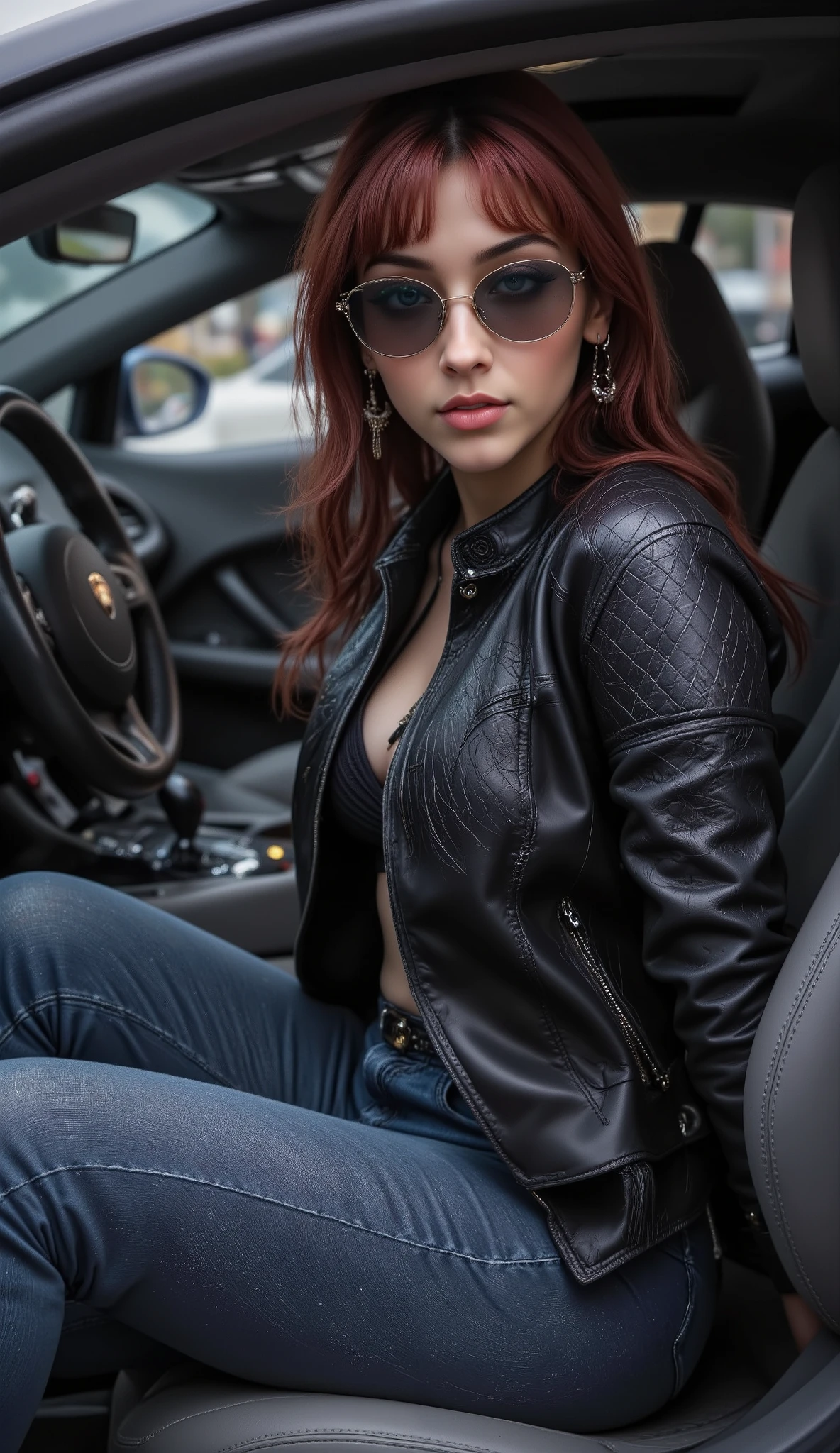 Beautiful woman, Casual, fashionable pose, seated in a Lamborghini Aventador Sports car. Wearing a black quilted leather jacket, dark wash blue jeans. Stylish, trendy, casual aesthetic. Wears cat-eye sunglasses. Slightly serious, contemplative expression. Looking towards viewer. Relaxed body language, leaning back slightly. Car interior, gray leather car seats. Perspective from inside vehicle. Natural light, soft, slightly diffused lighting. Classic car interior atmosphere, moody, contemporary. Focus on fashion and street style. Casual, effortless look. Modern, everyday fashion. Neutral palette, black and blue tones. Leather texture, smooth denim texture. Car steering wheel in the background, partial view of the dashboard. Slight overcast, daylight outside. Modern, contemporary vibe.
