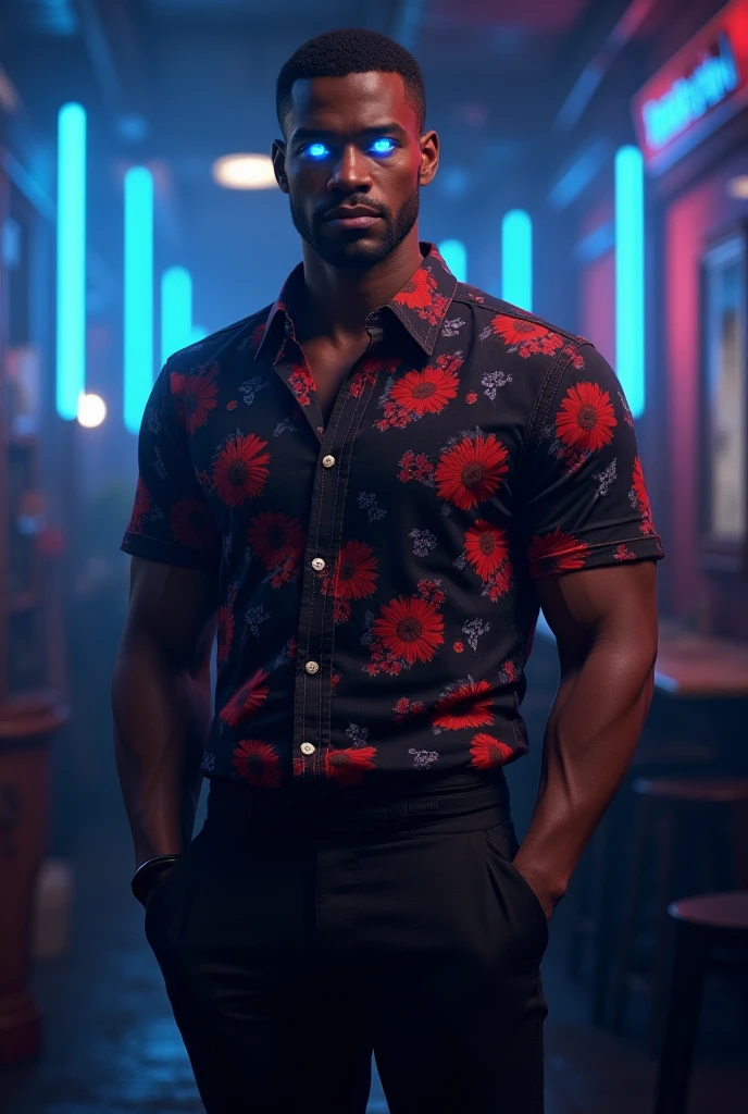 exteriors,  black mature male ,  wearing black and red floral shirt,  wearing black dress pants , Blue Eyes,  glowing eyes ,  short detailed hair , gray colored skin, Club environment , the night,  blue neon , 8 thousand, unreal-engine,   very detailed  , Realistic Feel, 