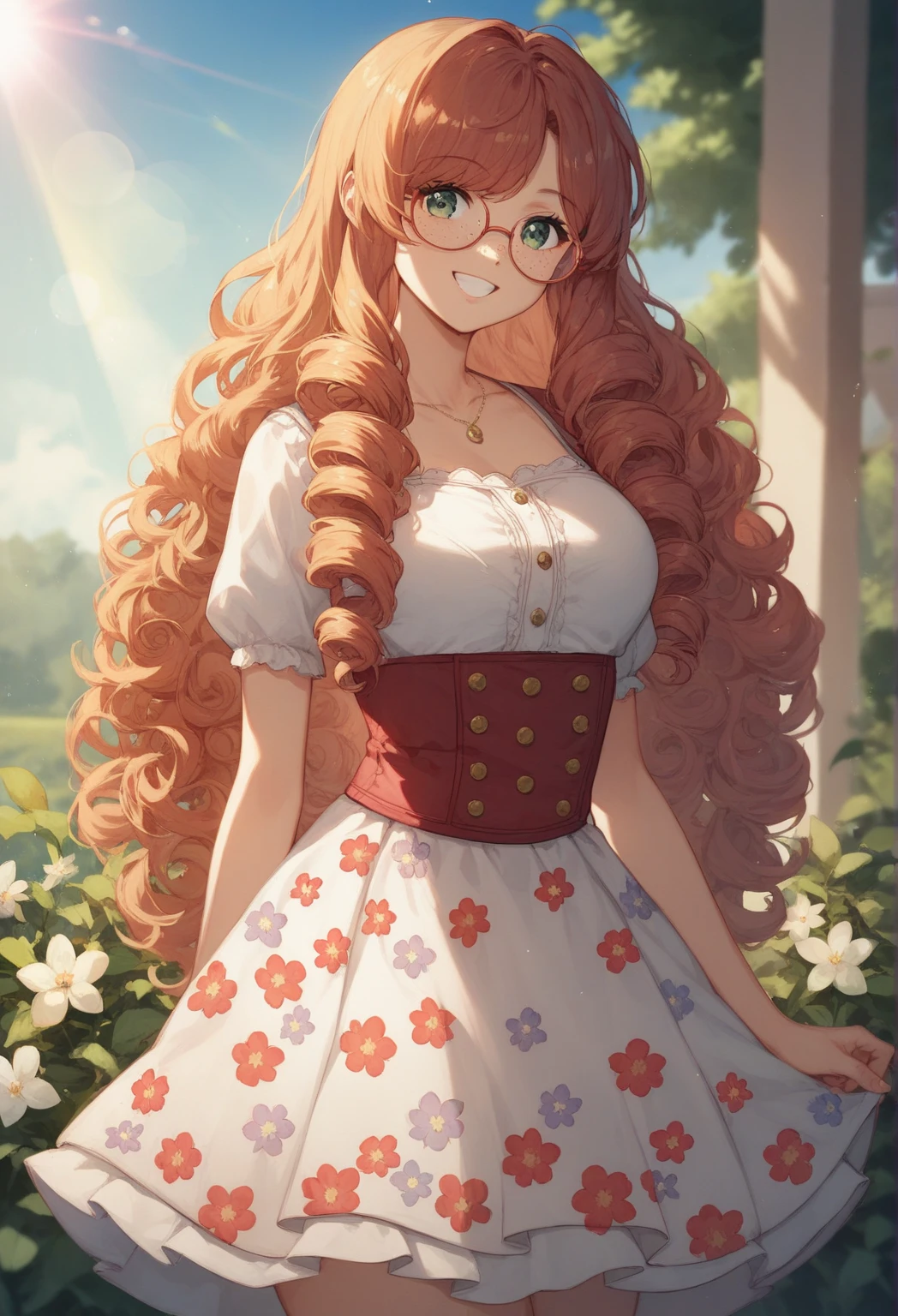 masterpiece portrait of a woman in Montreal at zori, long hair, Cute orange curly hair, Smile , 绿眼睛, freckle, floral print , skirt, zori, rainbow, llight rays, 腐蚀性的, Lens reflections, ((Solitary)), Ismail_rim