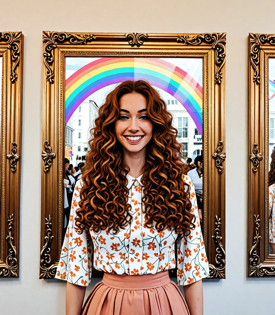 masterpiece portrait of a woman in Montreal at zori,  long hair, Cute orange curly hair, Smile , 绿眼睛, freckle,  floral print ,  skirt, zori, rainbow, llight rays, 腐蚀性的, Lens reflections, ((Solitary)), Ismail_rim