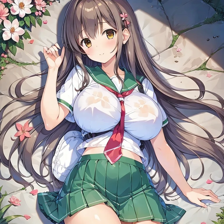 highest quality,1 Girl,Large Breasts,orgasm,blush, Close your mouth, Sweat,angeltearsc, brown hair, brown eyes, hairband, ribbon, , blazer, emblem, necktie, shirt, skirt,((Lift skirt, pink panties:1.3)),garden