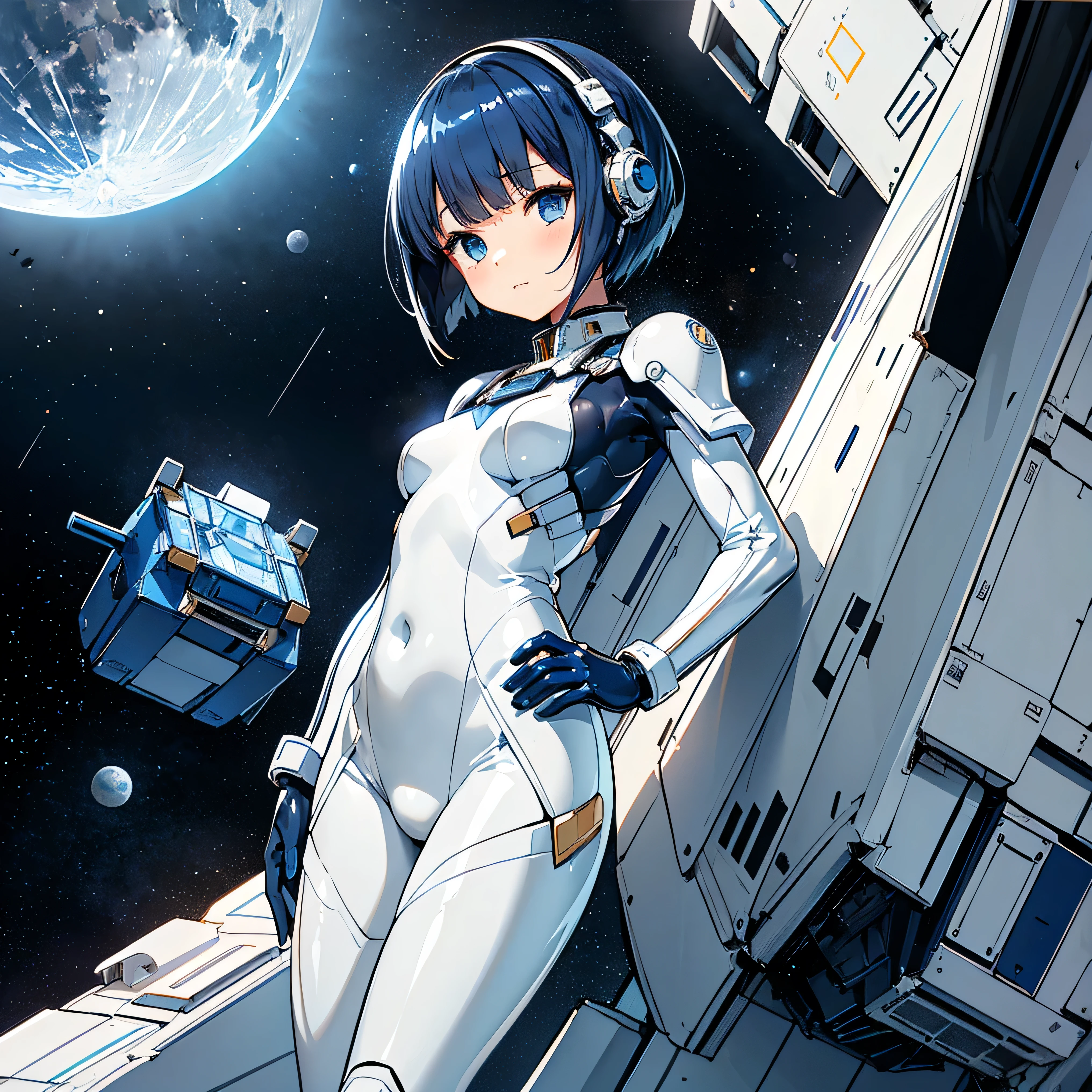 ( Masterpiece、 top quality、 highest resolution、 Clear Images 、 Detailed Details ):(whole body、 20 year old girl、The Face of Japan、Small face、 slim、 dark blue super short bob cut hair 、(Hidden small breasts:1.3)、 Sparkling Blue Eyes 、white and navy blue shiny pilot suit、Chest protection armor、 tight clothes、whole bodyを覆うwhite and navy blue shiny pilot suit、魅力的なwhite and navy blue shiny pilot suit、 fitted pants 、肌を隠すwhite and navy blue shiny pilot suit、 very delicate and beautiful、胸を隠すwhite and navy blue shiny pilot suit、肩を隠すwhite and navy blue shiny pilot suit、 detailed skin、太ももを隠すwhite and navy blue shiny pilot suit、お尻を隠すwhite and navy blue shiny pilot suit、 cute、 gentle smile、 gentle expression、heroine、 headset、 long boots、 elbow length gloves 、Eye shot 、 peace talks between fighting factions 、attention arousal、Clever Blue Eyes 、straight face )、Spaceship、Moon in the background、 Galactic Clouds in the Background 、Meteor Shower、Meteor Shower、Saturn、Neptune、comet
