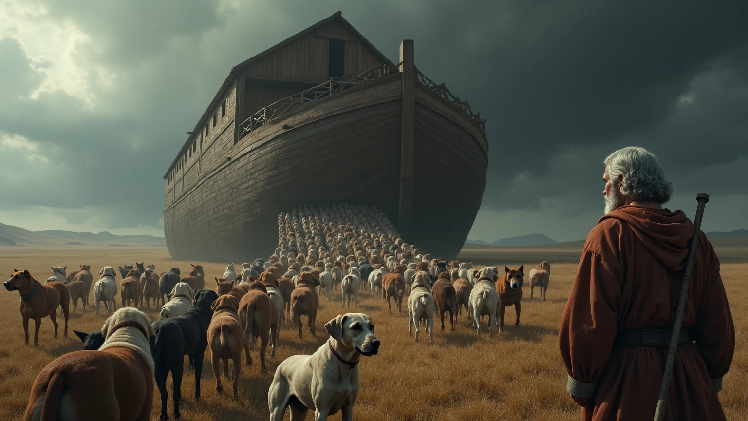 Noah is loading his ark with two of every dog breed instead of two of every animal.