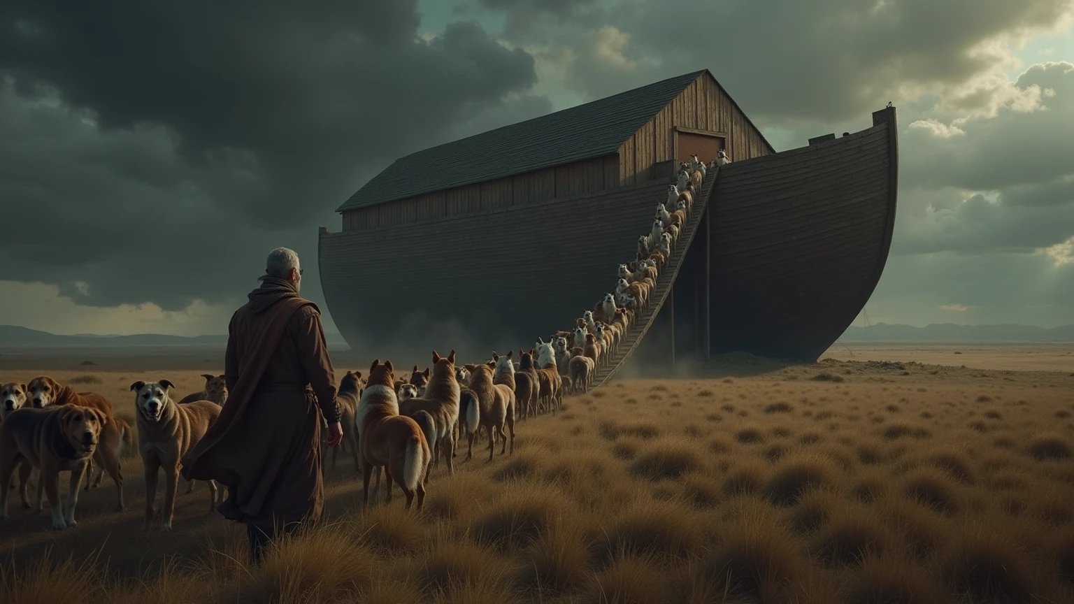 Noah is loading his ark with two of every dog breed instead of two of every animal.