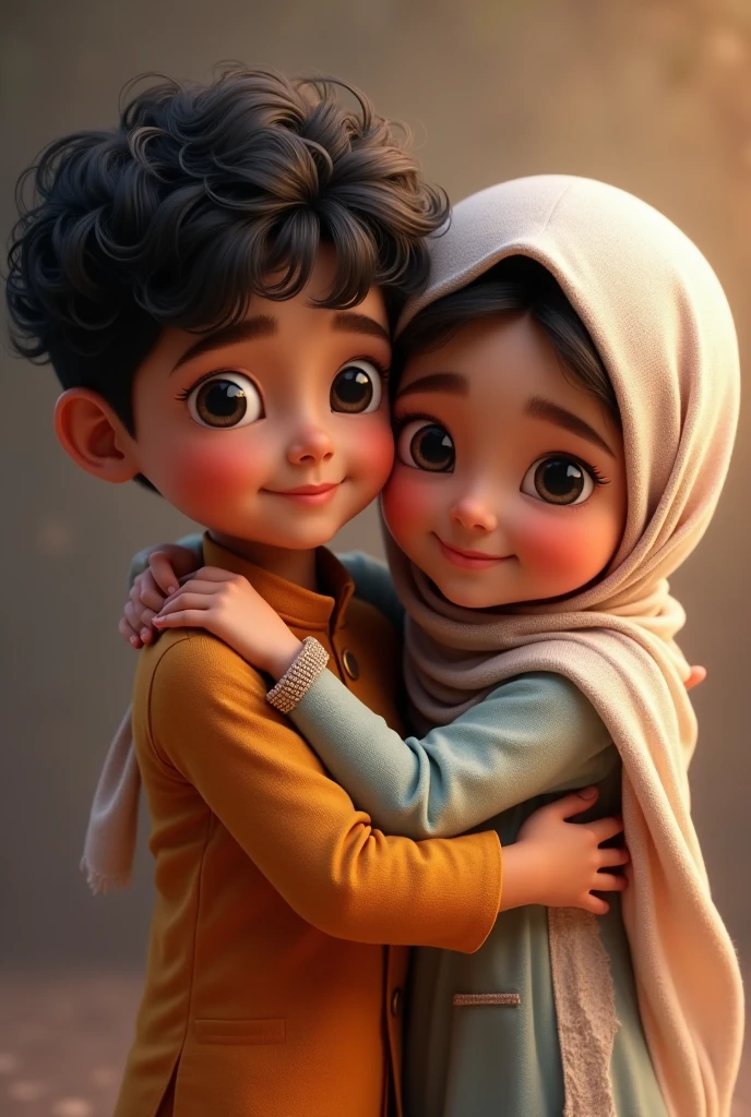 a pair of children's animated characters, a girl wearing a blue hijab, hair tightly covered and a boy wearing a blue hoodie, the boy pinching the girl's cheek, the girl pouting
