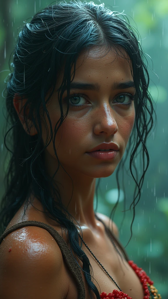 a hot lady, bare shoulder, sweaty skin droplets, shoulder off, red lips, wet hair, medium shot, rainy short dark cinematic, cleavage visible, one shirt strips goes down, trap in a muddy cave, full cinematic shot