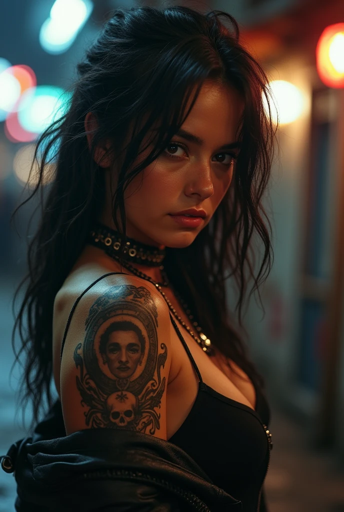 moody ethereal photography photo of a young angry (isidora_v2:0.95), croptop, textured skin, goosebumps, tattoos on her arms, sitting in a 50s diner, perfect eyes, (atmospheric lighting), bokeh, sharp focus on subject
