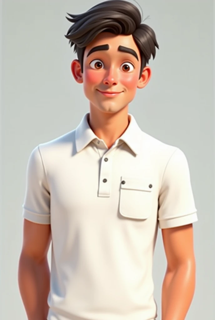 make a Pixar styled 3d man with short black hair and light skin, wearing a white polo shirt in 3 different pose, isolated, in white background, man character