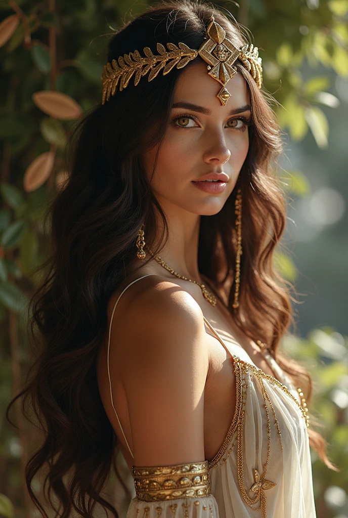 Create a portrait of a goddess-like female figure in a tranquil, forested environment. She has an elegant appearance with long, wavy hair styled in an updo and adorned with a delicate, floral headband. She wears a flowing, ancient Greek-inspired gown in a soft, pale color, featuring a one-shoulder design and draped fabric that accentuates her graceful form. The outfit includes a decorative belt with ornate gold detailing, and she holds a bow in her hand, with a quiver of arrows slung over her shoulder. The background depicts lush greenery, with sunlight filtering through the trees, casting a gentle, ethereal light on the scene. Her expression is calm and contemplative, embodying a sense of wisdom and serenity.