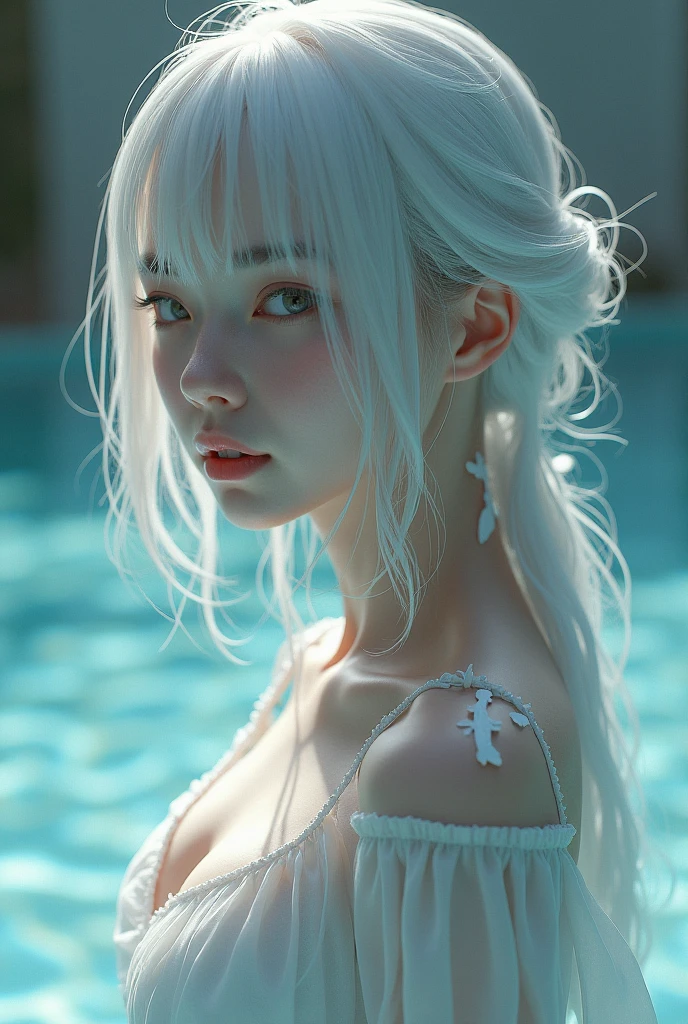 landscape of an woman, landscape of a very beautiful woman,(((extreme closeup))), Nao Tomori/(Charlotte/), anime style, (((lie sideaways)))!!, (lie sideaways on the shallow water at by the pond), looks at the camera with beautiful blue eyes, (Beautiful blue eye's like sapphire :1.40)!!, Stars in her fixed eyes, (homochromatic eyes)!!! attractive smile, Cute little nose, white hair between eyes, White hair bangs, (ultra shine white hair)!!, (curvy hair with double tied up)!!, ((dynamic composition)), (bare shoulders)!!, detailed realistic hair, breathtaking rendering, Sweet girl, Best Quality, Masterpiece, Ultra-detailed, Beautiful, hight resolution, Original, CG 8K, perfect artwork, beatiful face, Face Clean, Skin, hyper realistic, Ultra Detailed, A detailed eye, dramatic lighting, (Realistic) Realistic, Full HD, Best Quality, Best Quality, Beautiful lighting, (8k wallpaper of extremely detailed CG unit), High Details, sharp-focus, The art of dramatic and photorealistic painting, beautiful smile, Incredibly detailed face, hyper detailed face, A face with a lot of detail, Perfect nose, gorgeous smile, A star in the eye, Perfect eye shadow, wink, Hyper-Detailed Eyes, Hyper-detailing of eyebrows, Hyper-detailed eyelashes, ((In shallow water)), by the pond, Beautiful butterflies are flying, (((Wet body))), Shiny skin, Fine-grained skin, Fine-grained hair, (Butterflies flying around a 1girl), (Starry sky), forest, Pillar of Light, water lily, mosses, crystal clear clean water, Moonlight, Glitter, (Midnight, Dark)